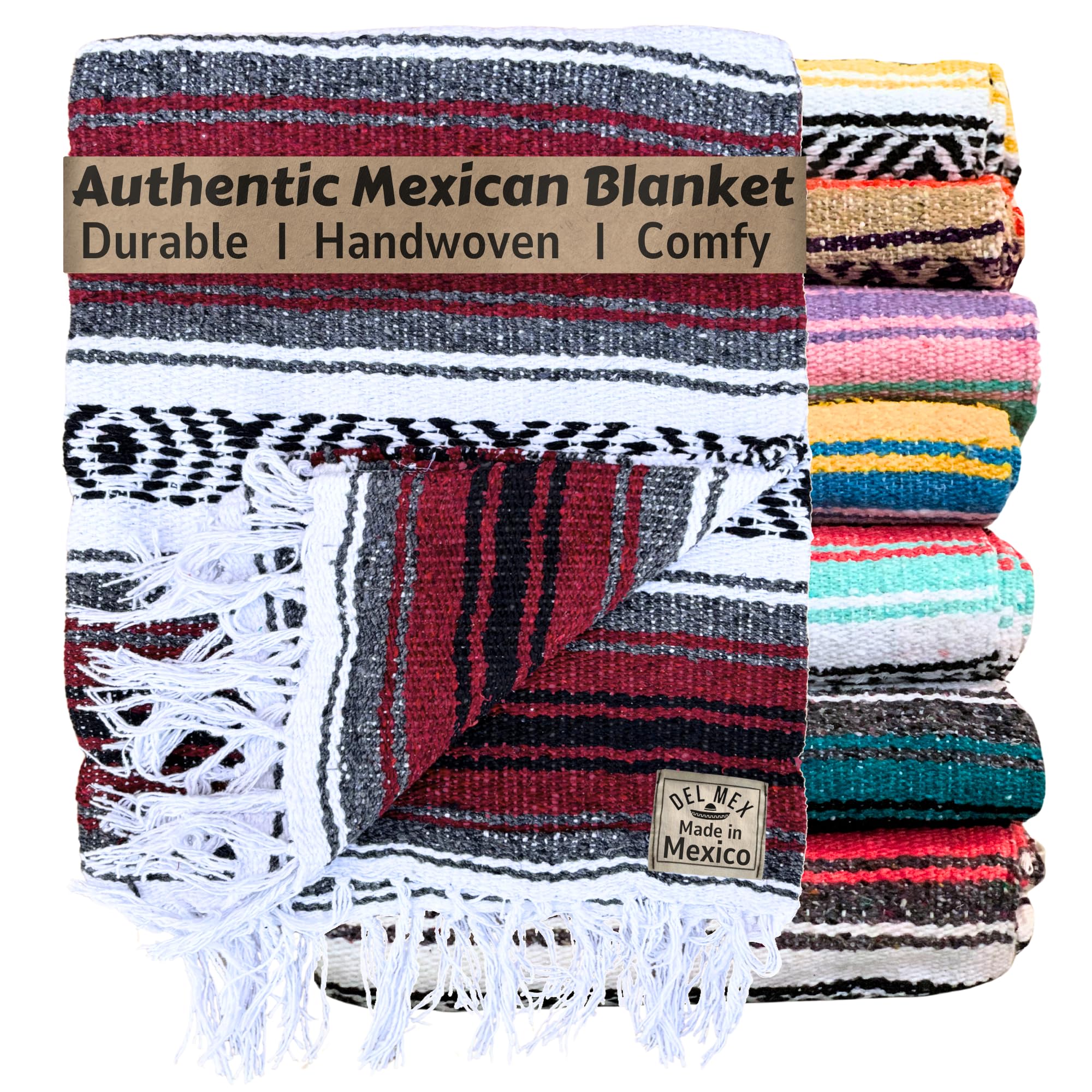 Del Mex Classic Mexican Blanket, Large Authentic Woven Falsa Throw (75x50), Artisan Southwest D  cor for Beach, Yoga, Outdoors (