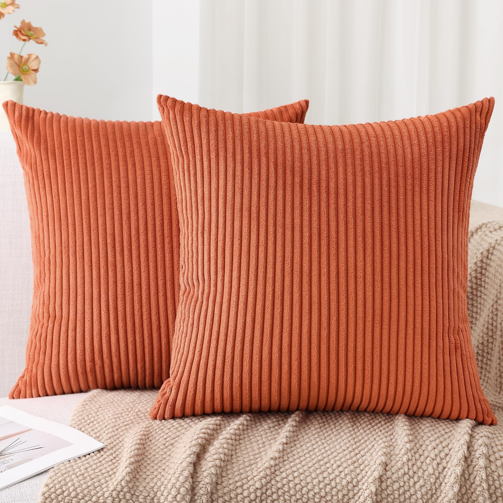 Mecatny Corduroy Fall Throw Pillow Covers 20X20 Set Of 2 - Striped Decorative Pillow Covers For Living Room, Bed - Soft Square C