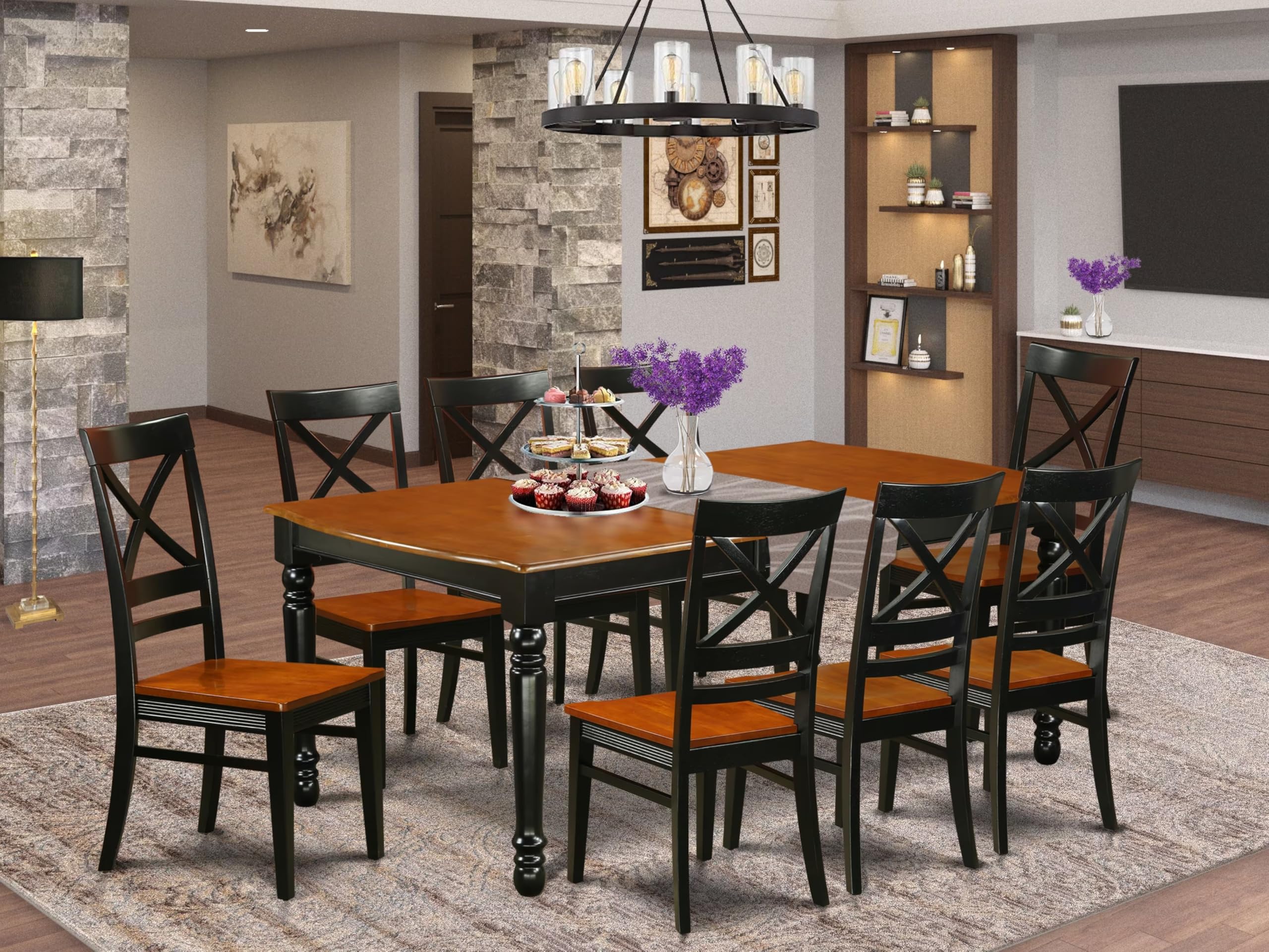 East West Furniture DOQU9-BCH-W 9 Piece Kitchen Table Set Includes a Rectangle Dining Table with Butterfly Leaf and 8 Dining Room Chairs, 42x78 Inch, Black & Cherry