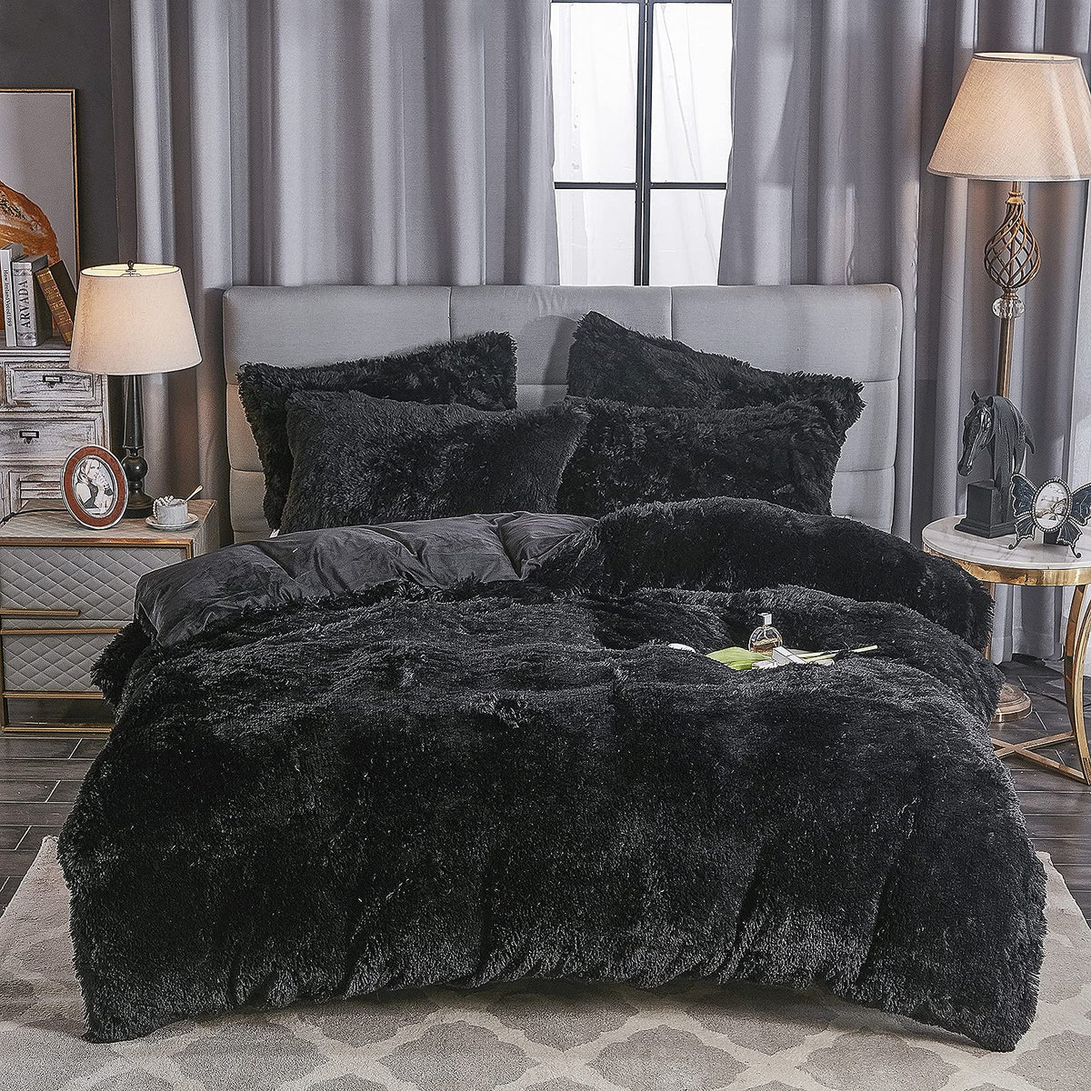 Werdim Shaggy Fluffy Faux Fur Duvet Cover Set Button Closure Velvety Bedding Set Comforter Cover With Pillowcases Black, King Si