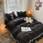 Moowoo Chic Ruffle Lace Polyester Duvet Cover Set -Girl Black Bedding-3 Piece Queen Duvet Cover With Zipper Closure -Ultra Soft
