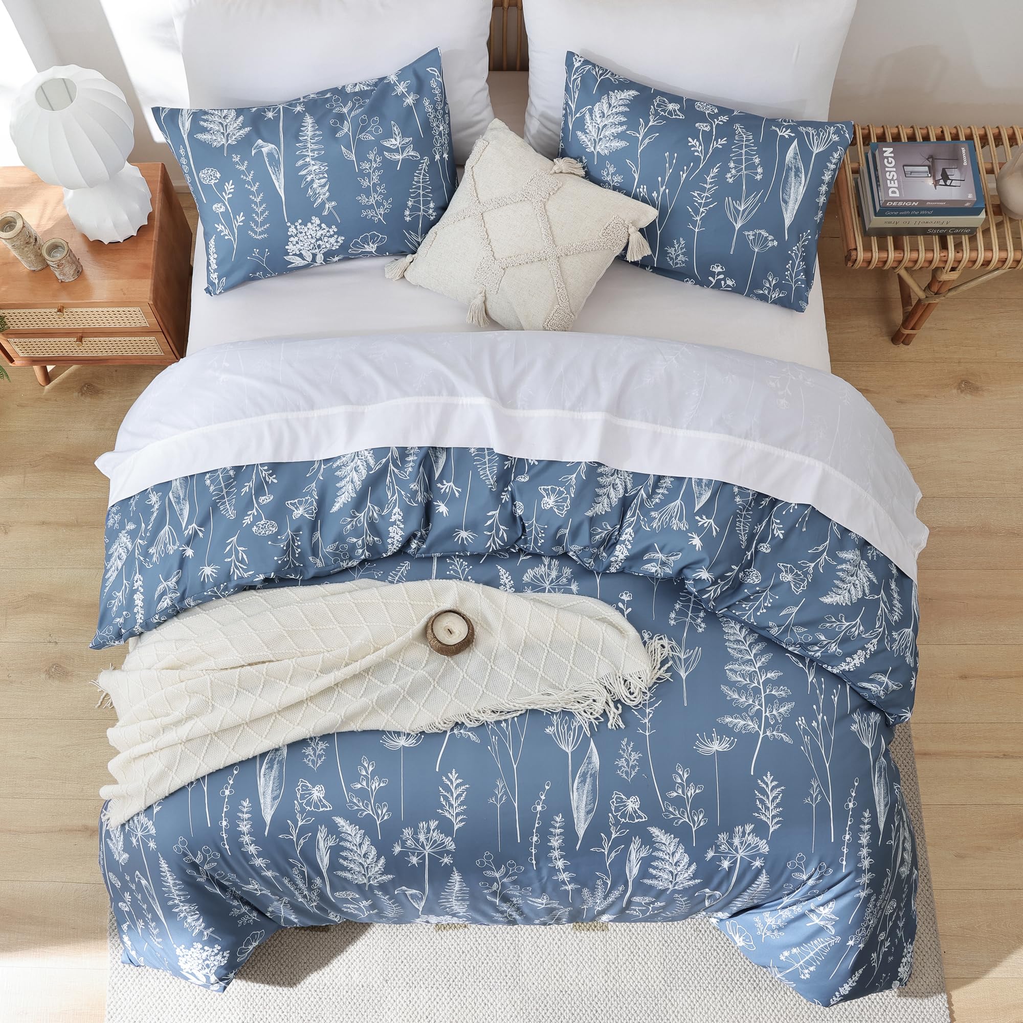 Janzaa Queen Comforter Set Infinity Blue Comforter Floral Bedding Sets 3 Pieces Flowers Bed Comforter 1 Soft Reversible Cute Botanical With 2 Pillow Shams