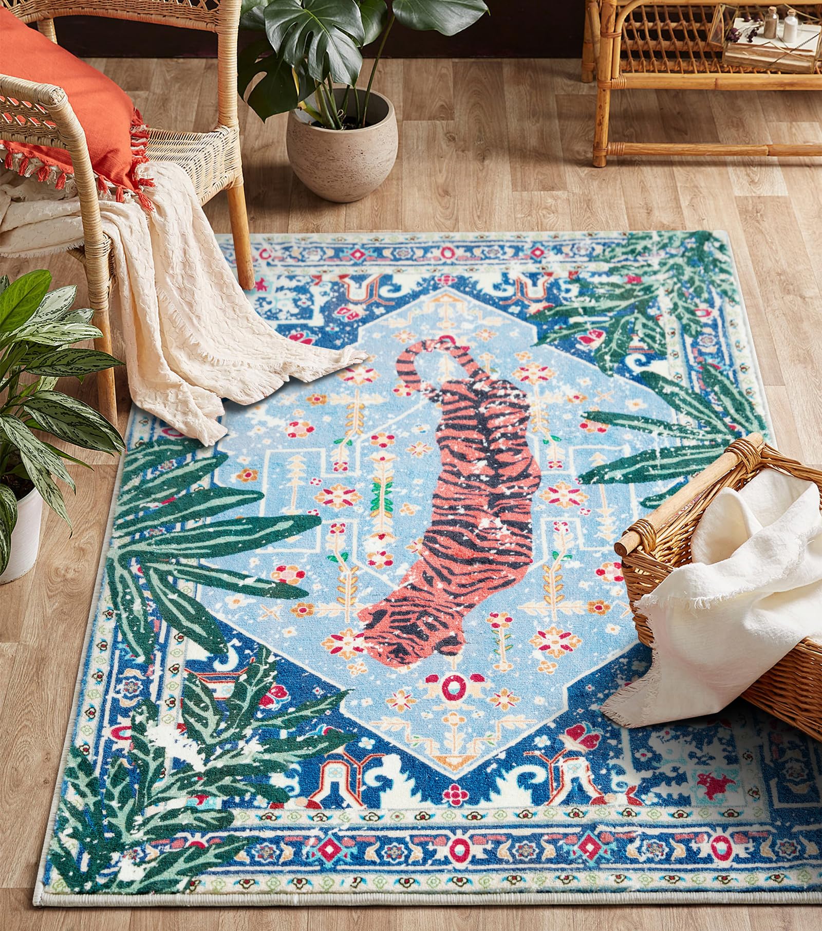 Aldopein Washable Bengal Tiger Rugs Boho Vintage Tropical Jungle 5x7 Area Rugs Pink Oriental Carpet for Bedroom Kitchen Dining L