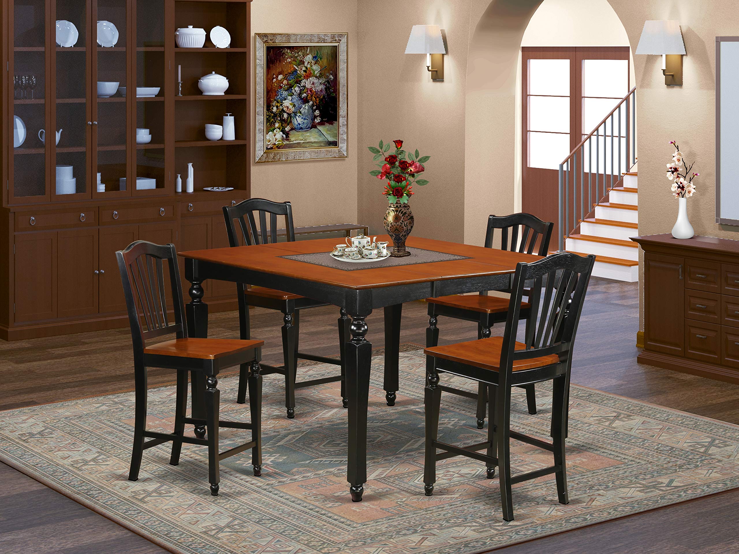 East West Furniture CHEL5-BLK-W Chelsea 5 Piece Counter Height Set Includes a Square Kitchen Table with Butterfly Leaf and 4 Dining Chairs, 54x54 Inch