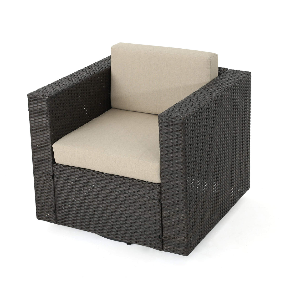 GDFStudio Outdoor Dark Brown Wicker Swivel Club Chair with Beige Water Resistant Cushions (Single, Dark Brown/Beige)