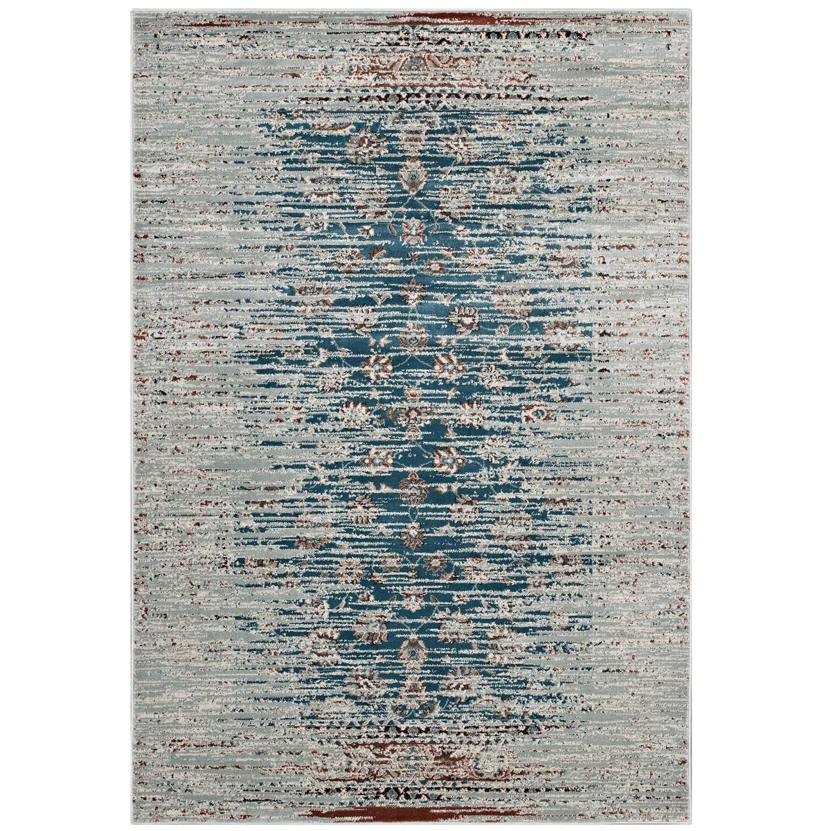 Modway Hesper Distressed Contemporary Floral Lattice 5X8 Area Rug In Teal, Beige And Brown