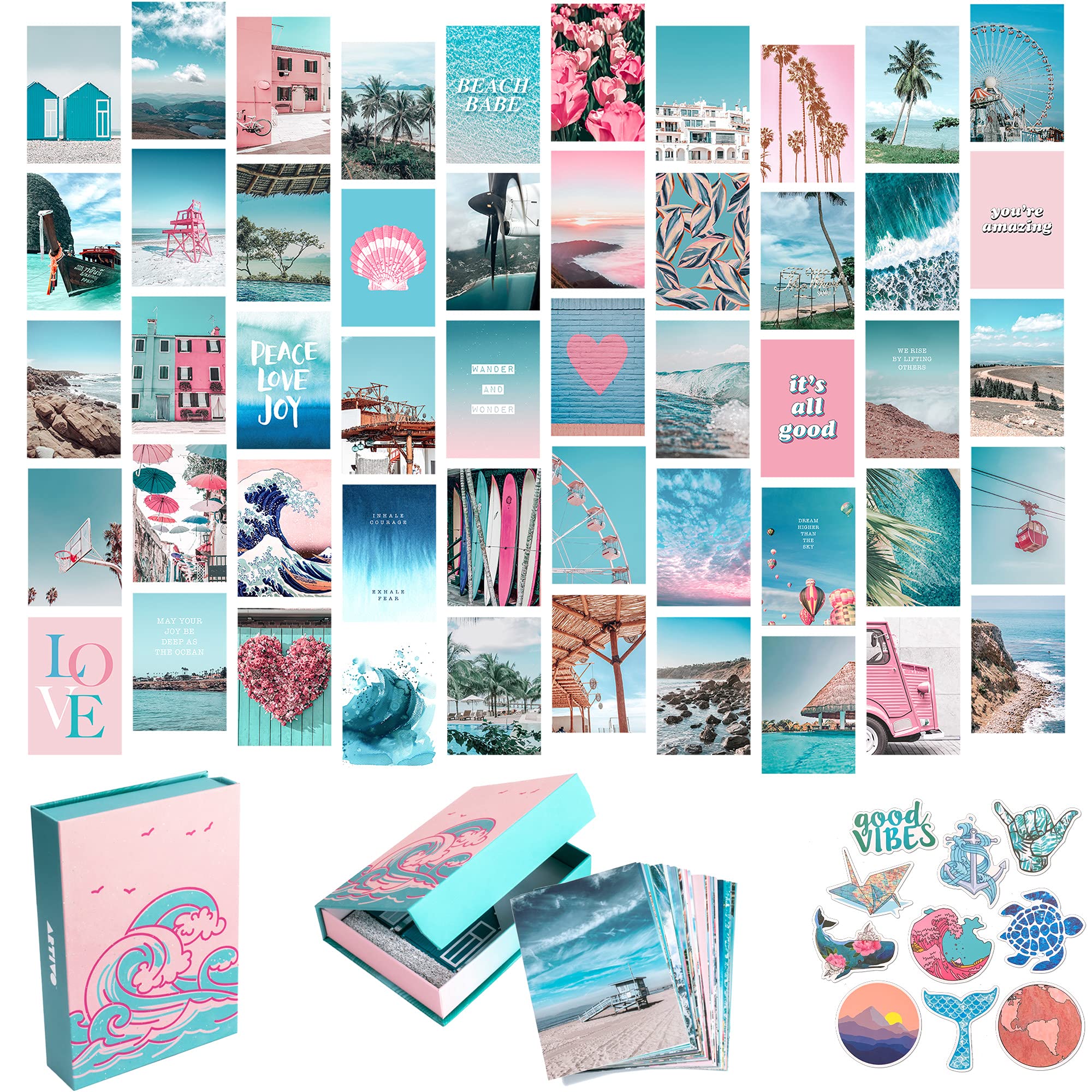 Artivo Blue Wall Collage Kit Aesthetic Pictures, 50 Set 4x6 inch, Pink VSCO Bedroom Decor for Teen Girls, Summer Beach Wall Art 