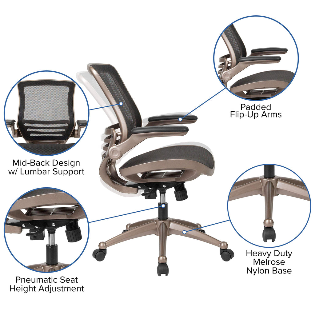 Flash Furniture Warfield Mid-Back Transparent Black Mesh Executive Swivel Office Chair With Melrose Gold Frame And Flip-Up Arms