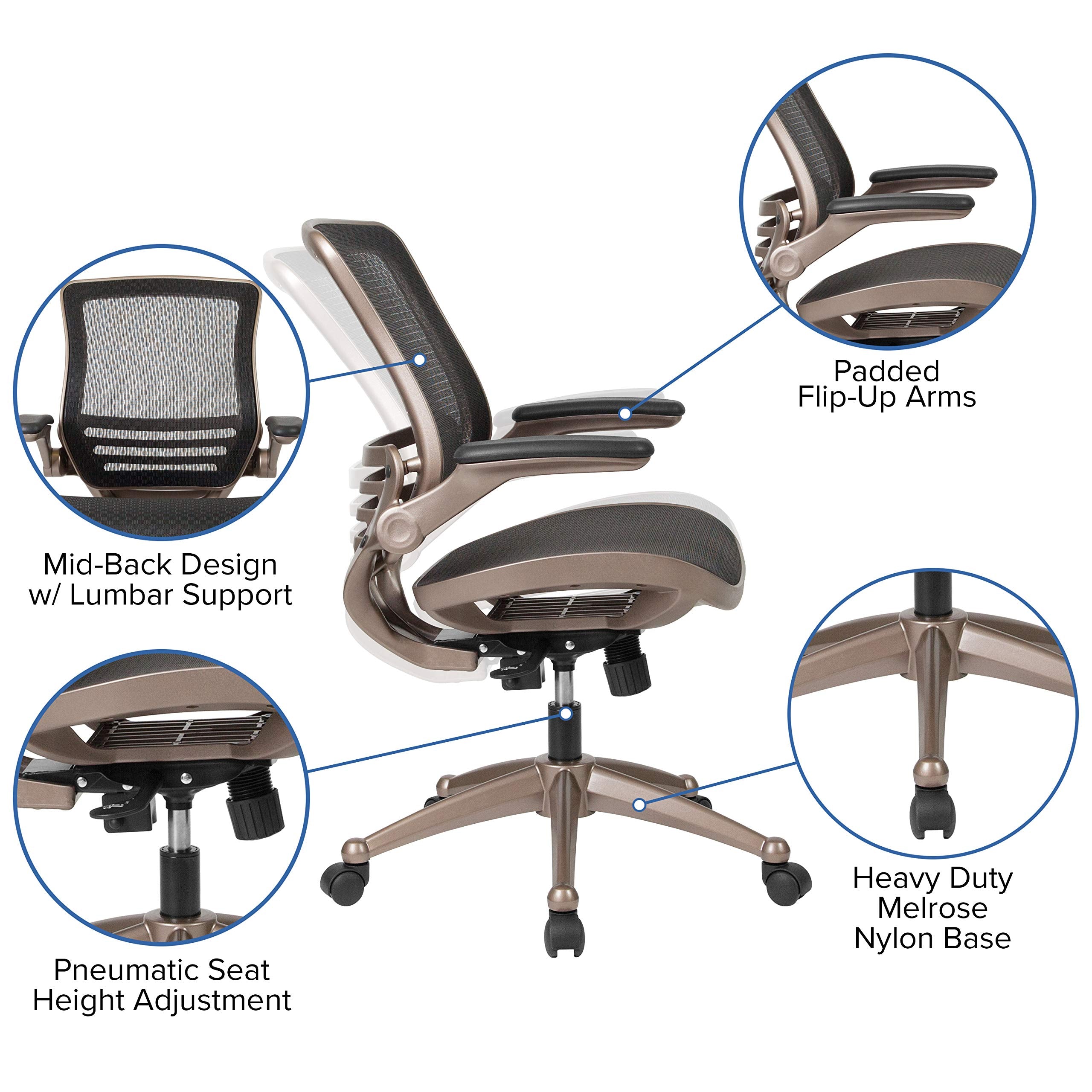 Flash Furniture Warfield Mid-Back Transparent Black Mesh Executive Swivel Office Chair With Melrose Gold Frame And Flip-Up Arms