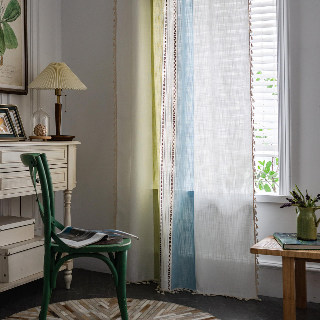 Sutuo Home Boho Curtains 72 Inch Length For Bedroom Living Room, Semi Blackout Farmhouse Tassels Window Treatment Bohemian Embroidery Drape, Rod Pocket 1 Panel 52' W X 72' L, Green Blue Striped Linen