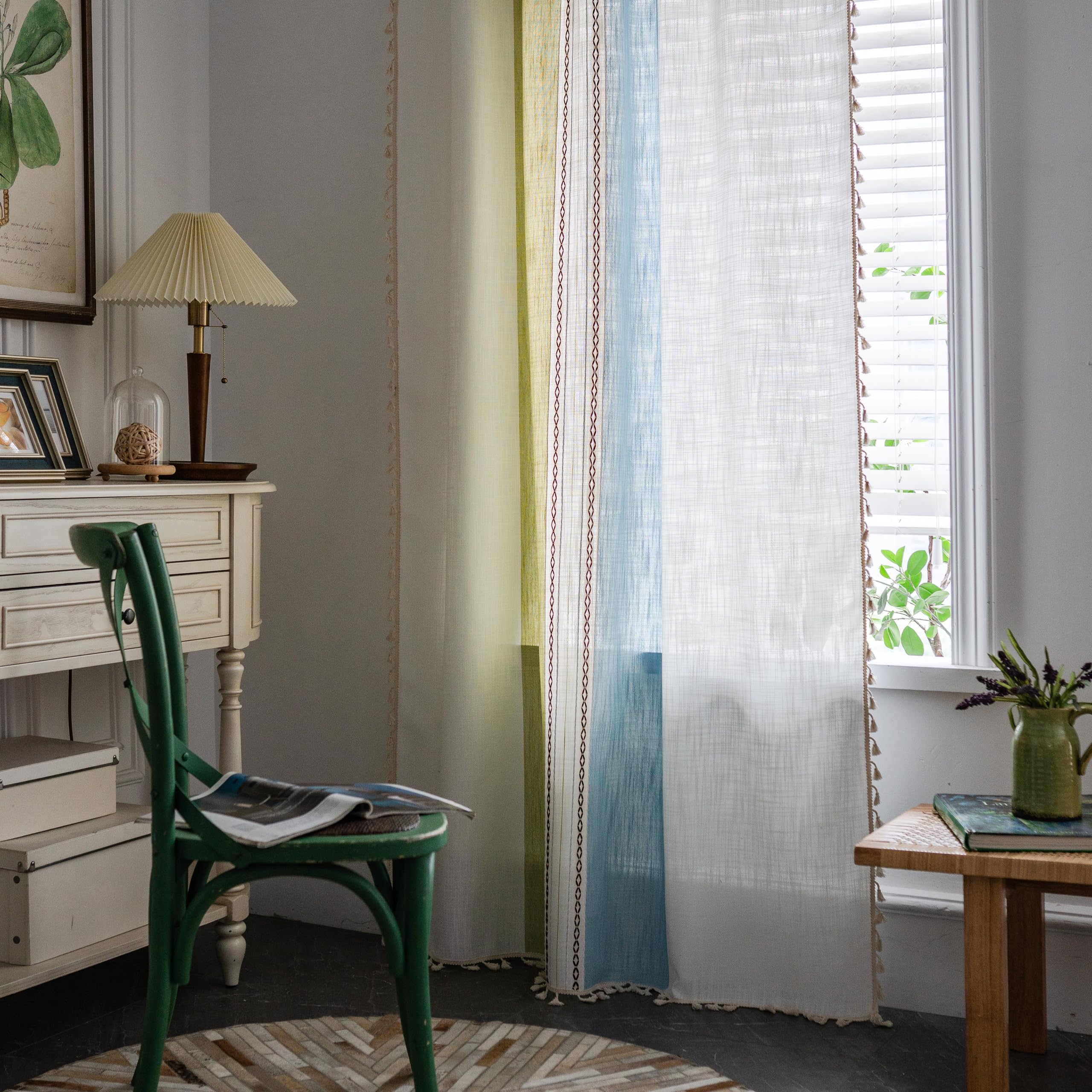 Sutuo Home Boho Curtains 84 Inch For Bedroom Living Room, Semi Blackout Linen Farmhouse Tassels Window Treatment Bohemian Embroidery Drape, Rod Pocket 1 Panel 52' W X 84' L, Green Blue Striped Linen