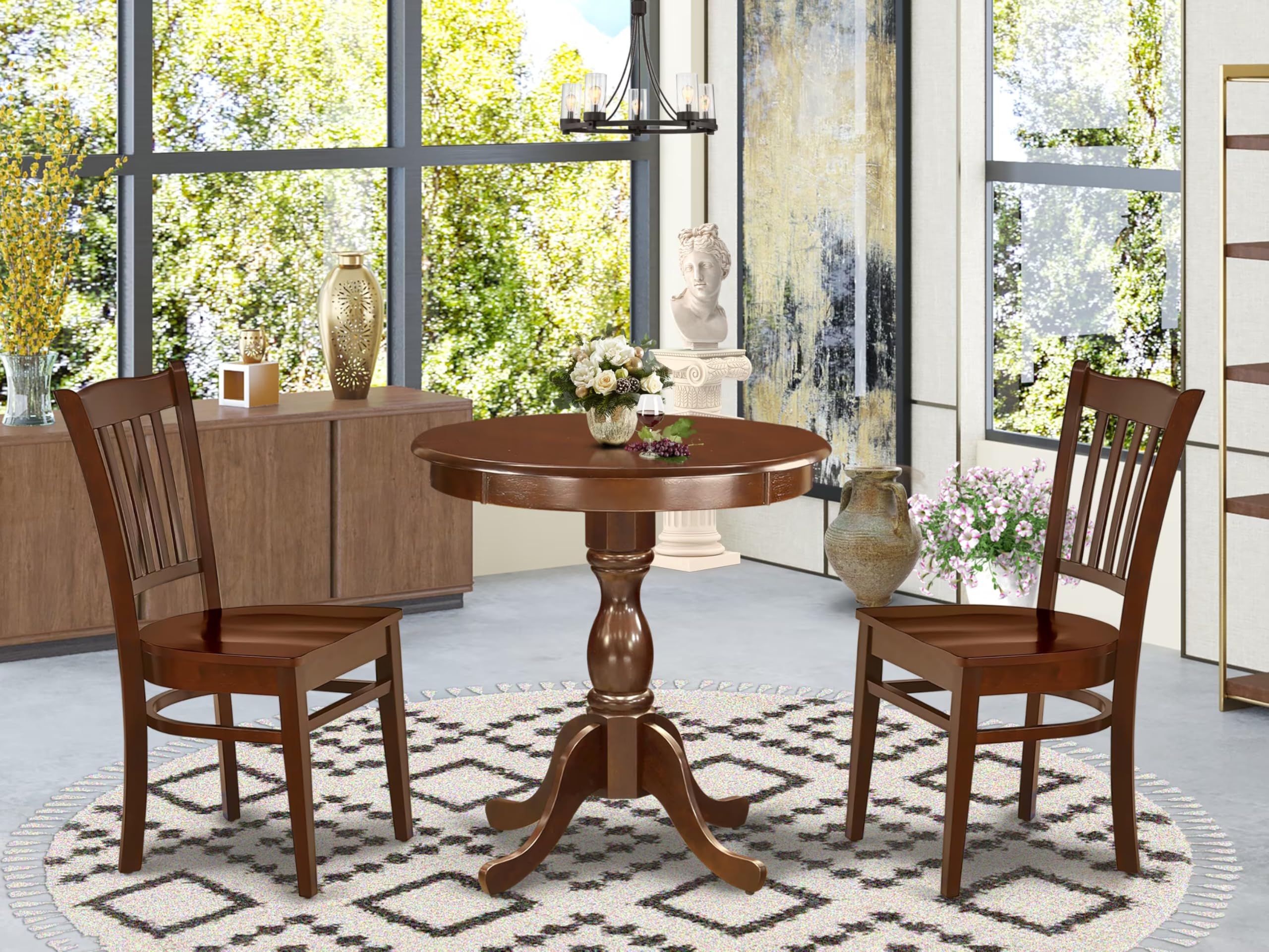 East West Furniture Esgr3-Mah-W 3 Piece Dining Set Contains A Round Dining Room Table With Pedestal And 2 Kitchen Chairs, 30X30 Inch, Mahogany