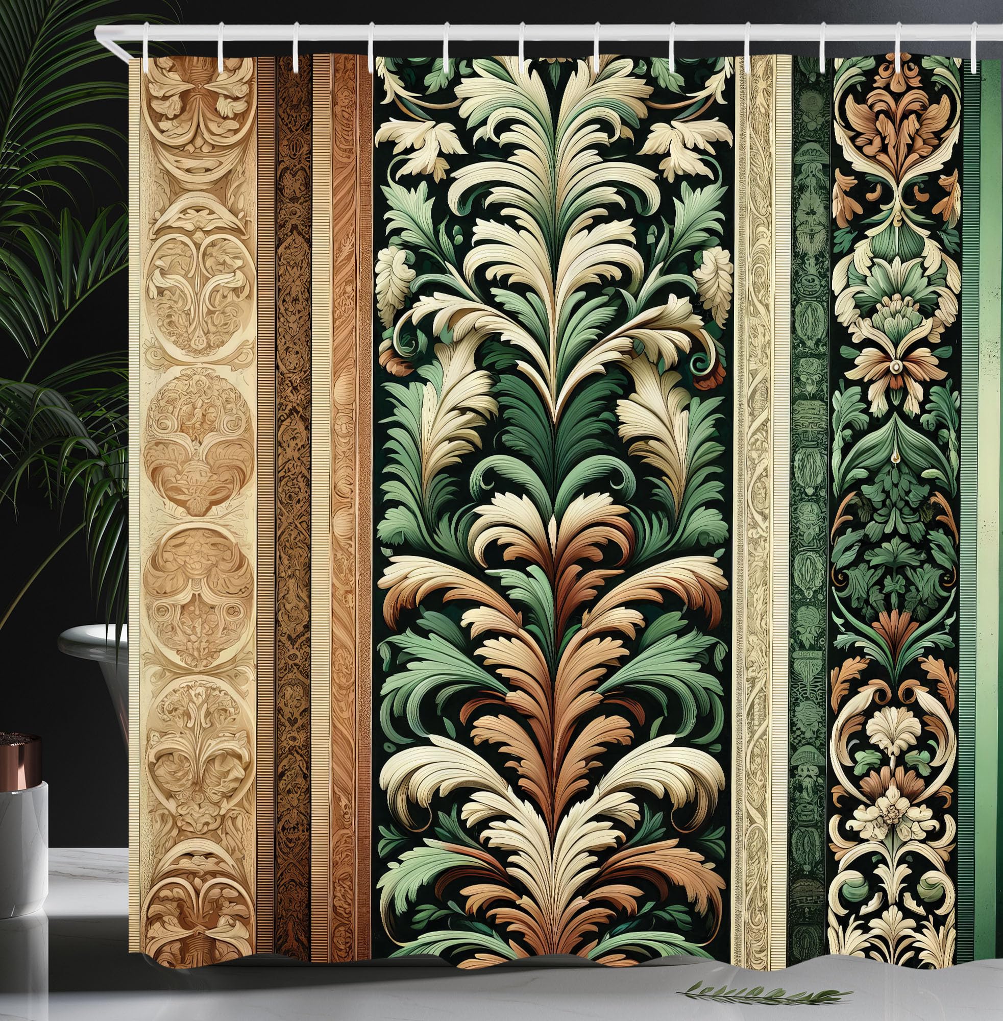 Ambesonne Green and Brown Shower Curtain, Jungle Damask Leafy Ornaments Ethnic Oriental Motifs Traditional Art, Cloth Fabric Bat