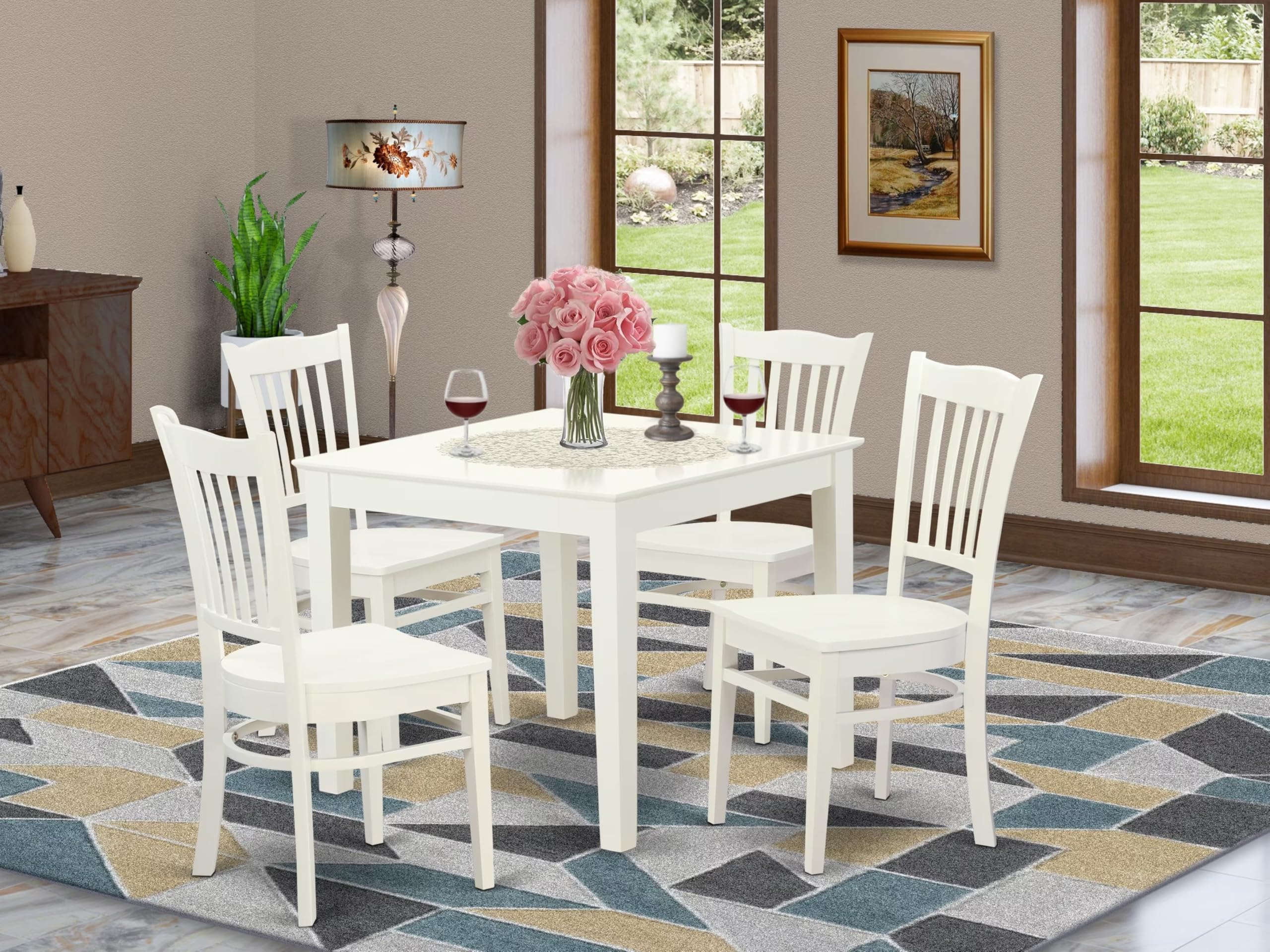 East West Furniture OXGR5-LWH-W 5 Piece Dining Room Furniture Set Includes a Square Kitchen Table and 4 Dining Chairs, 36x36 Inch, Linen White