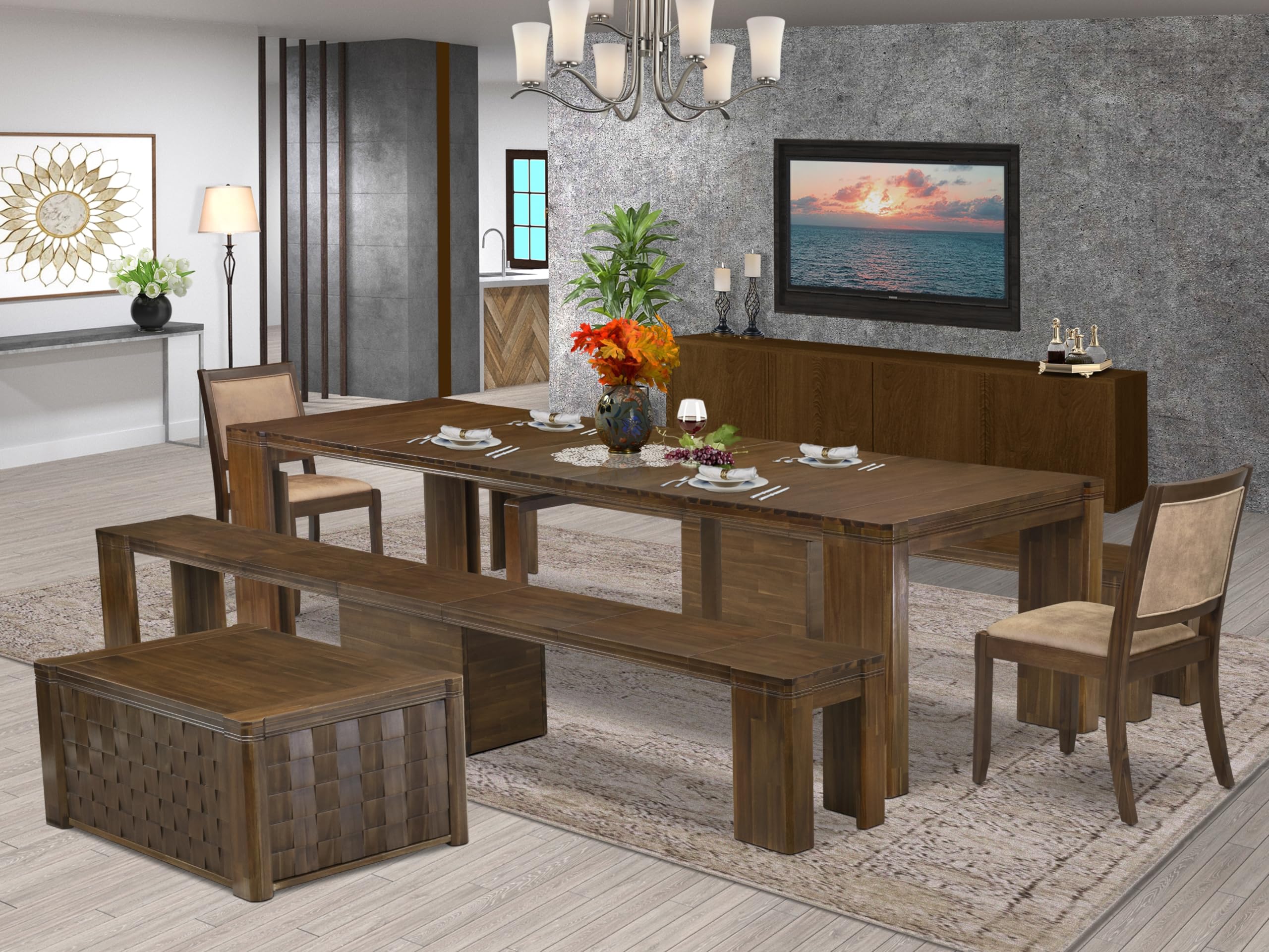 Luxe by East West Furniture - X02X2-2C8-28 - 6pc Kitchen Dining Table Set includes an Extendable Rectangle Kitchen Table, 1 Coffee Table, 2 Stackable Chairs and 2 Benches, 39x120 Inch, Antique Walnut