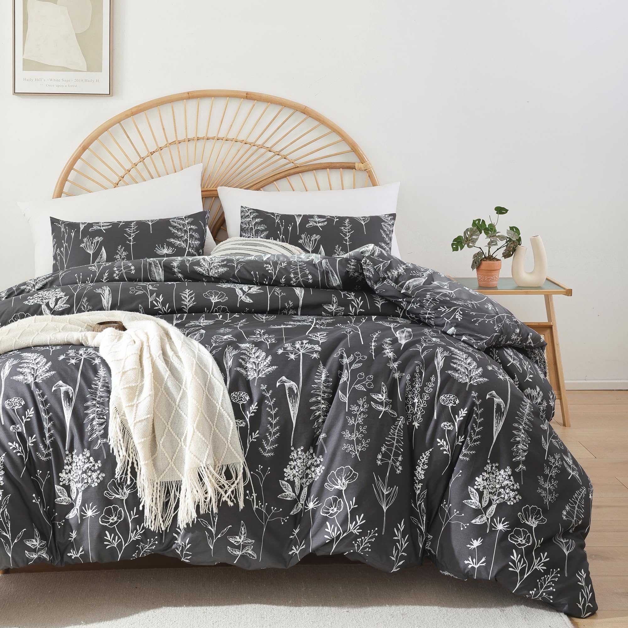Janzaa Full Comforter Set Dark Grey Comforter Floral Bedding Sets 3 Pieces Flowers Bed Comforter 1 Soft Reversible Cute Botanical With 2 Pillow Shams
