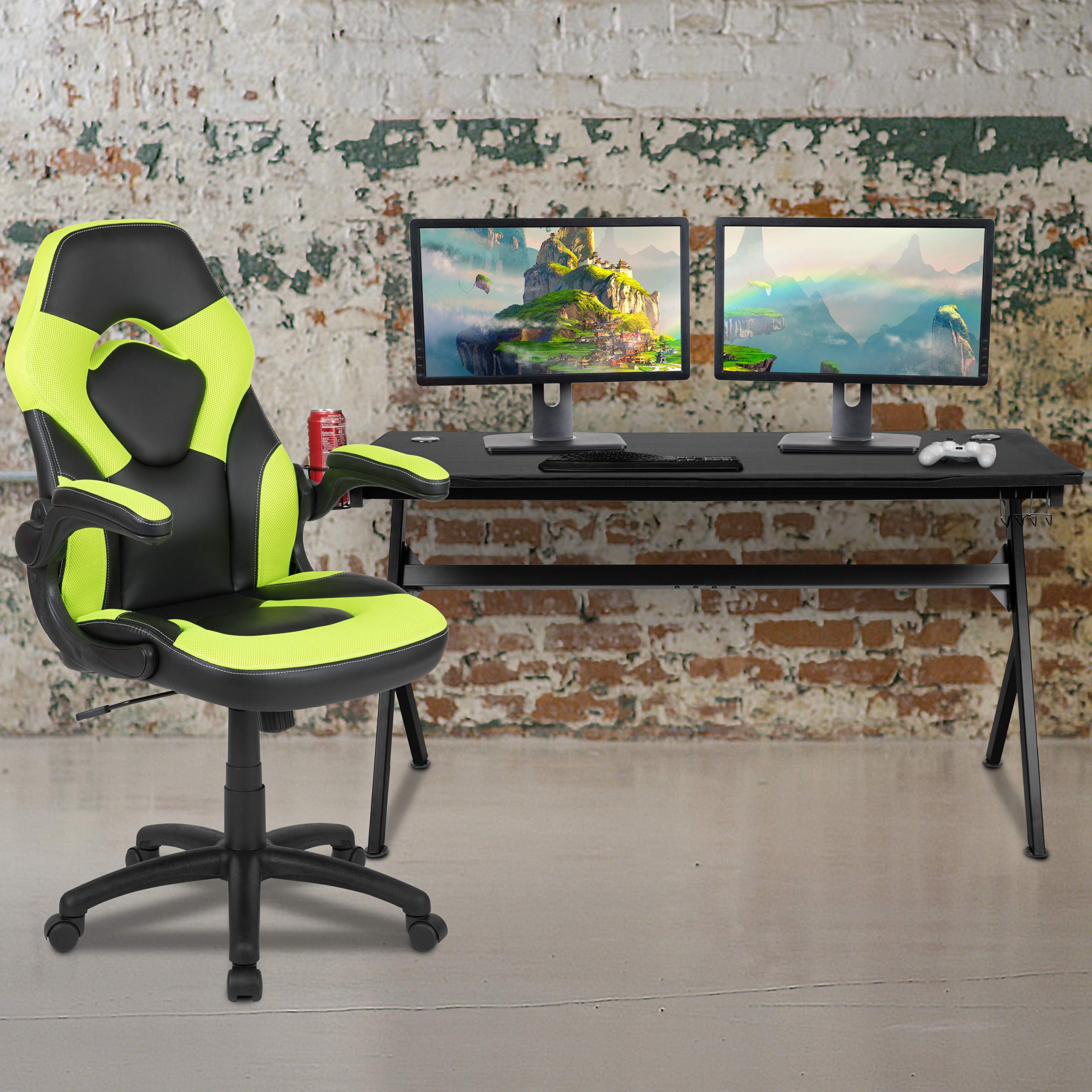 Flash Furniture Gaming Desk And Green/Black Racing Chair Set /Cup Holder/Headphone Hook/Removable Mouse Pad Top - 2 Wire Management Holes