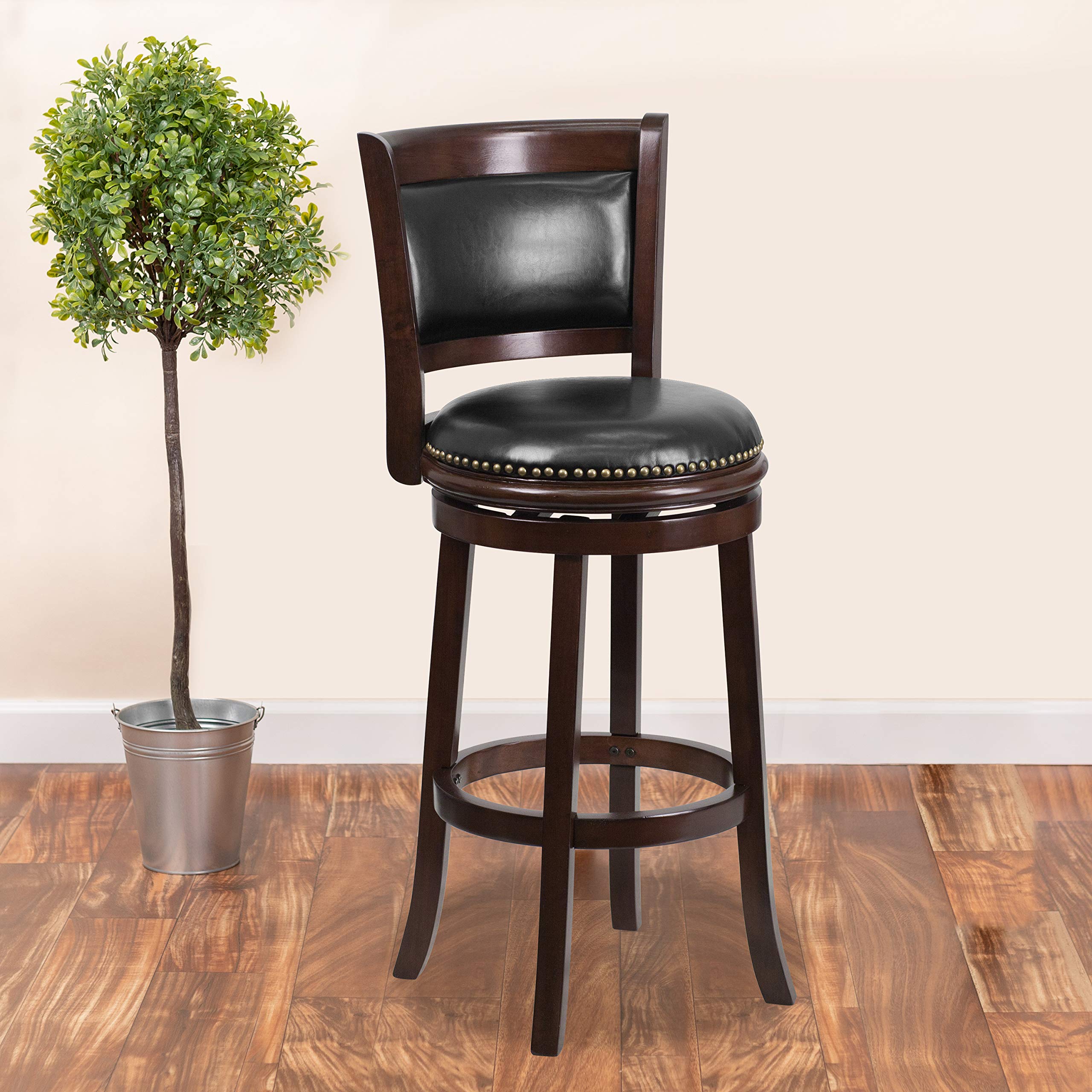 Flash Furniture 29'' Cappuccino Wood Barstool With Black Leather Swivel Seat