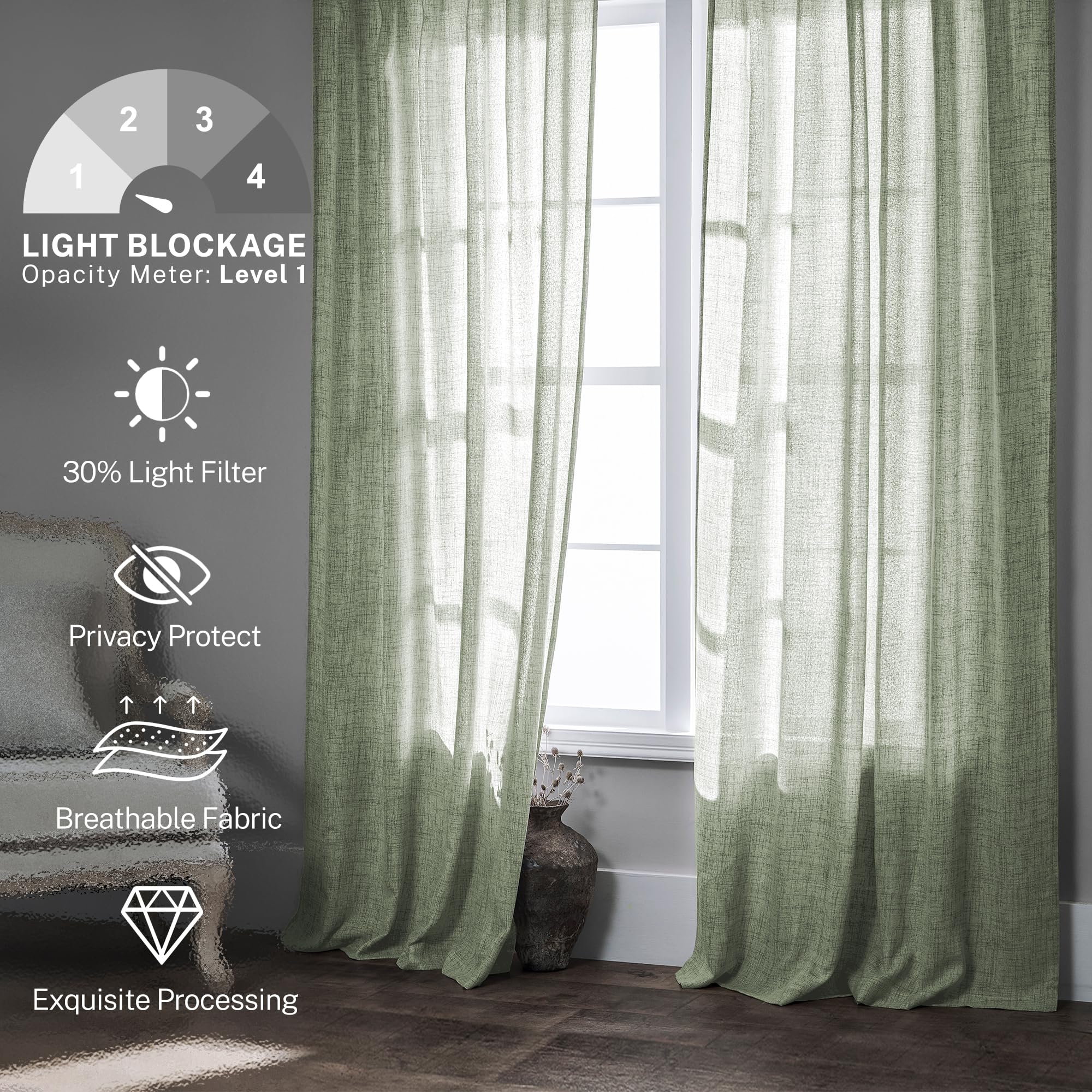 Meetbily Sage Green Linen Curtains 96 Inches Long Semi Sheer Back Tab Drapes For Living Room 2 Panels Light Green Boho Neutral C