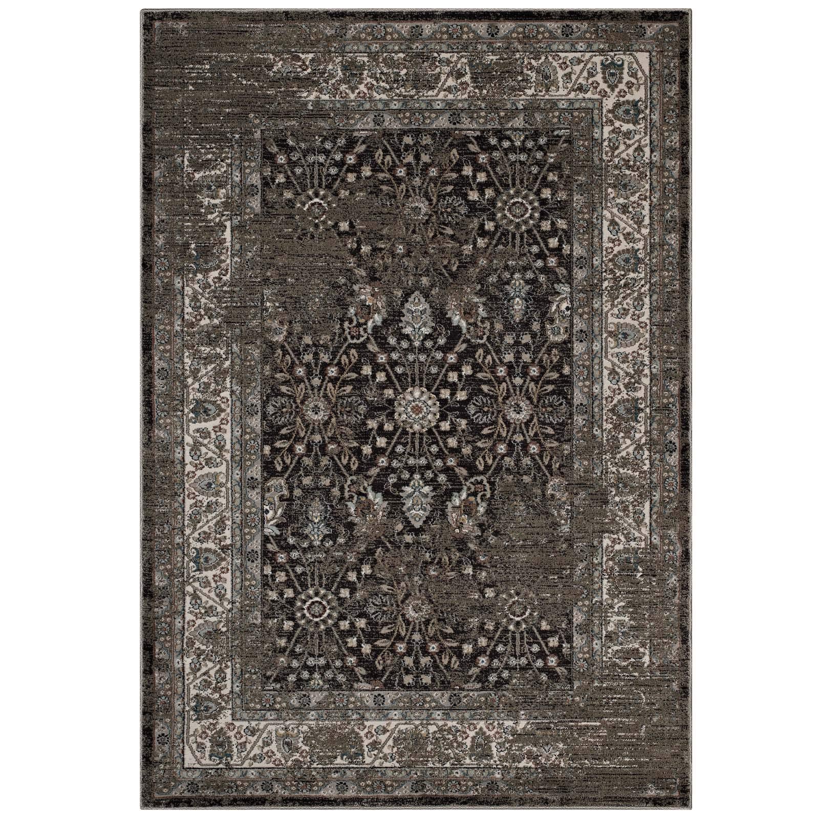 Modway Berit Distressed Vintage Floral Lattice 5X8 Area Rug In Brown And Beige