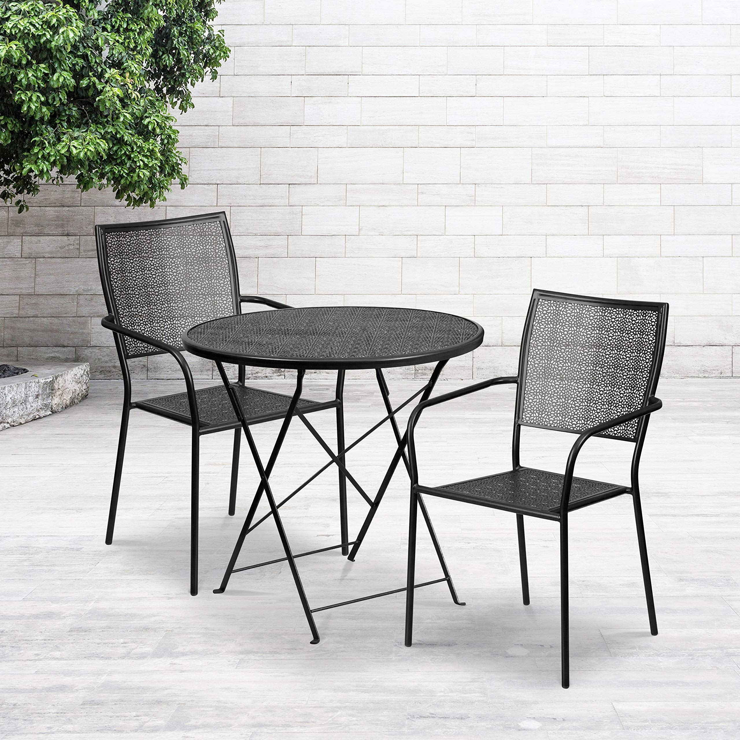 Flash Furniture Commercial Grade 30 Round Black Indoor-Outdoor Steel Folding Patio Table Set with 2 Square Back Chairs