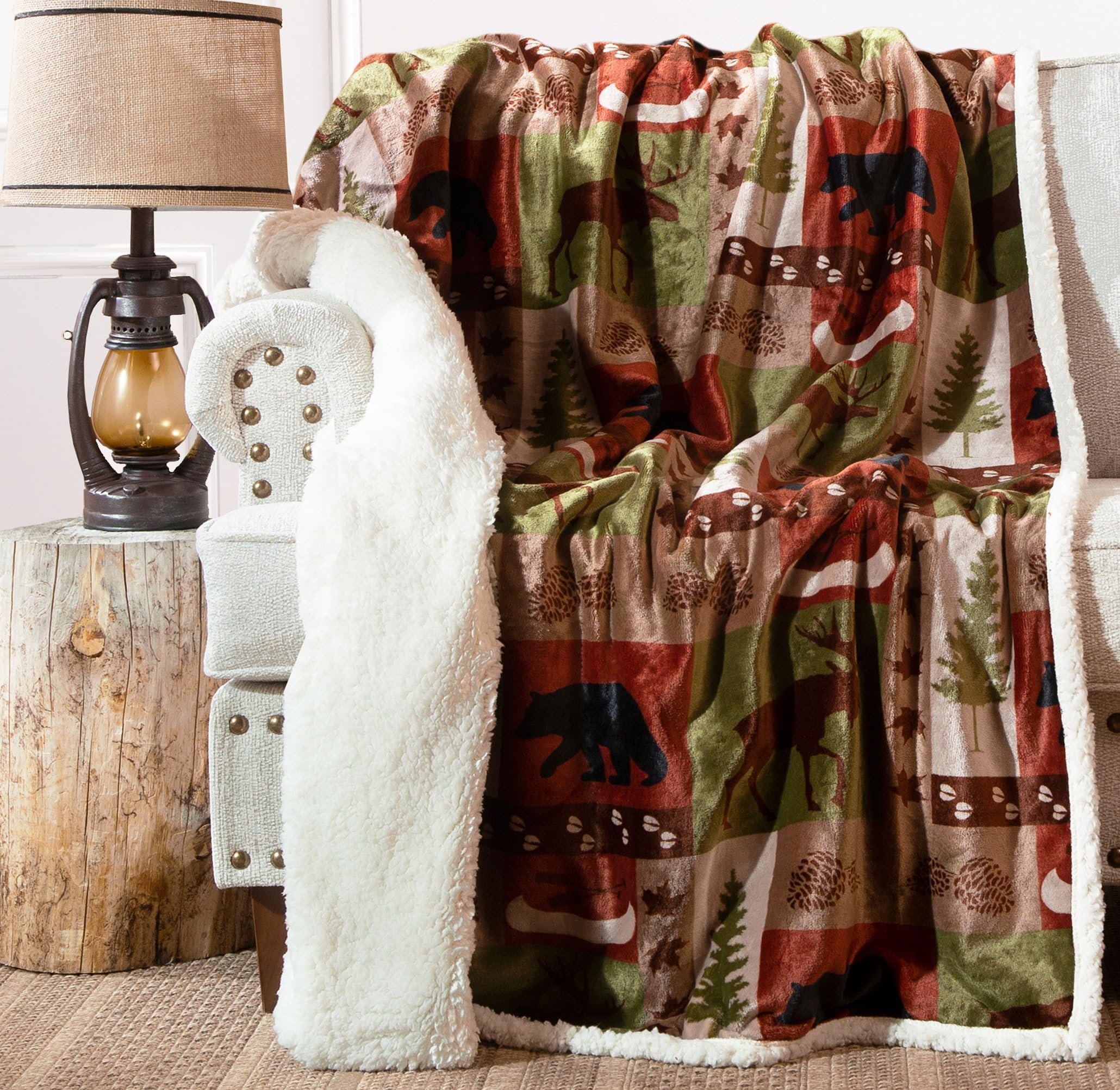 Carstens, Inc. Ultra Premium Super Soft Plush Sherpa Fleece Oversized Throw Blanket 54' X 68', Patchwork Lodge