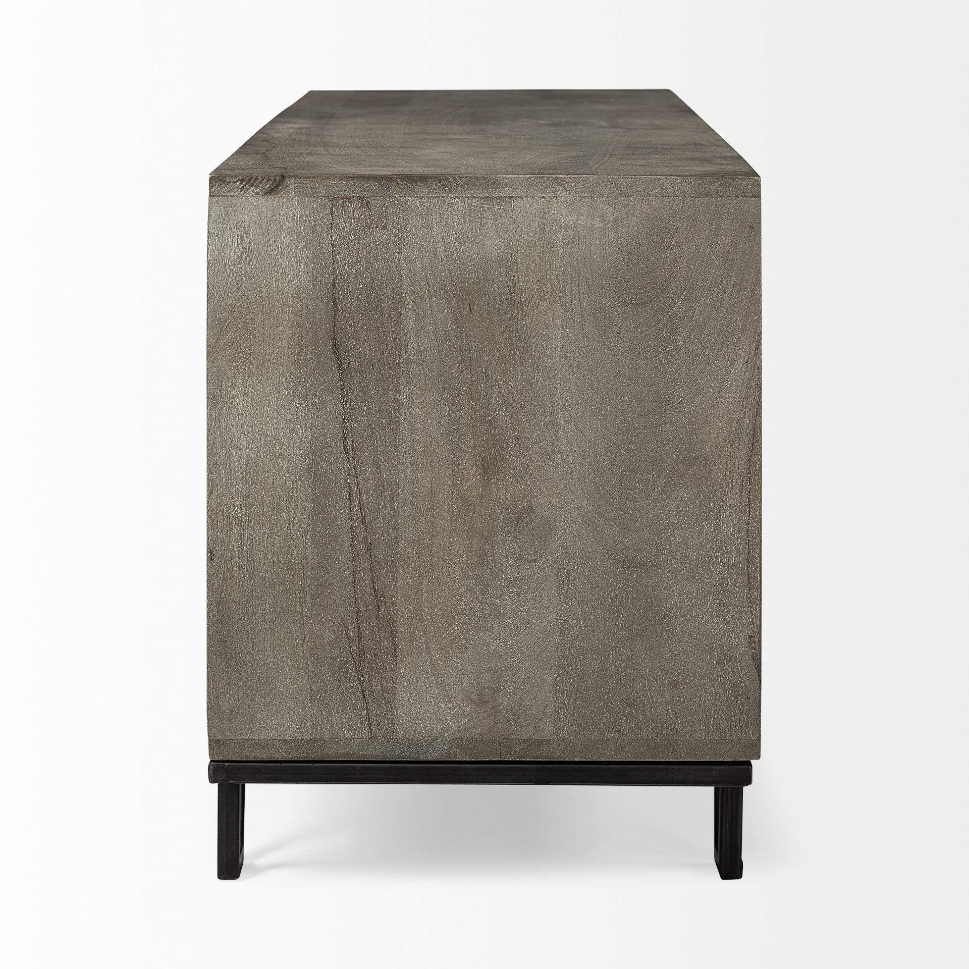 HomeRoots Medium Brown, Black Wood, Metal Medium Brown Wood TV Stand Media Console with 4 Doors and Small Media Shelf