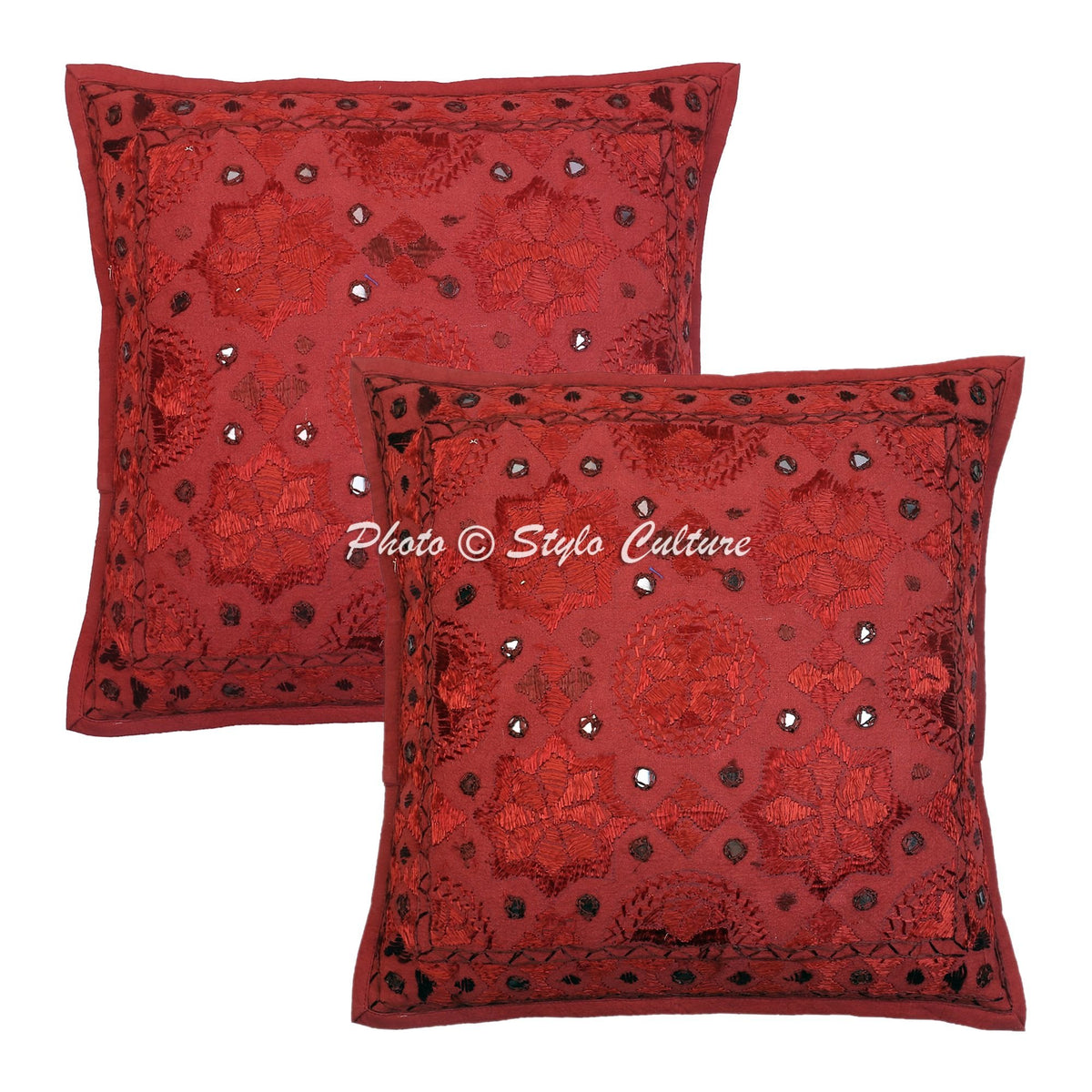 Stylo Culture Decorative Cotton Cushion Covers For Sofa 16X16 Inch Embroidered Maroon Living Room Decor Mirrored Rajasthani Squa