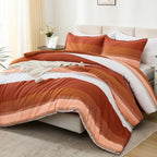 Litanika Burnt Orange King Bed Comforter Set, 3 Pieces Boho Terracotta Stripe Colorblock Bedding Comforter Set, Rust Fluffy Bed
