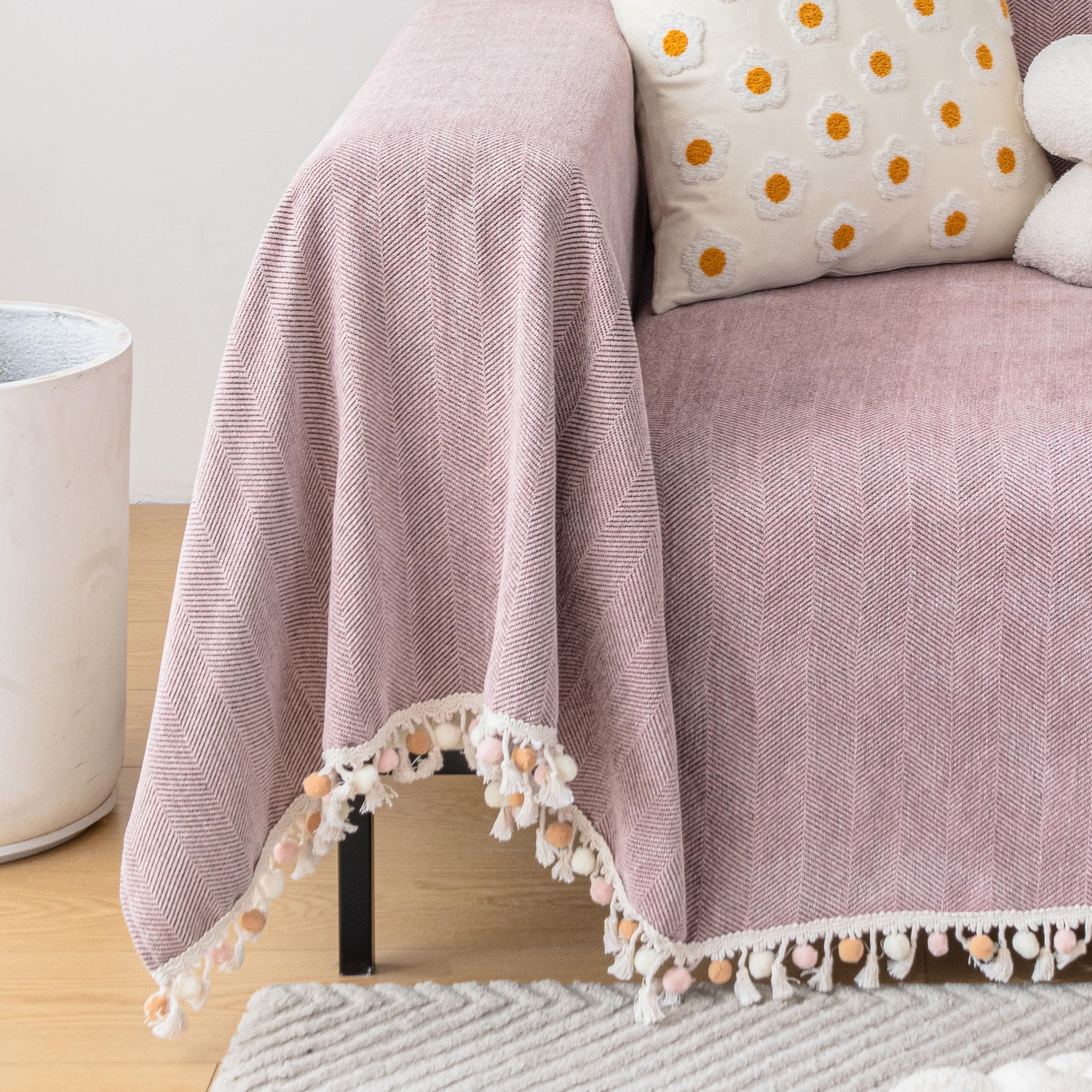 Handontime Soild Couch Covers For Dogs Pink-Purple Sofa Covers Boho Cover For Sofa 3 Seats Chenille Sofa Throw Cover Mauve Sofa Covers For 3 Cushion Couch Tassel Sofa Cover, 71' X118'