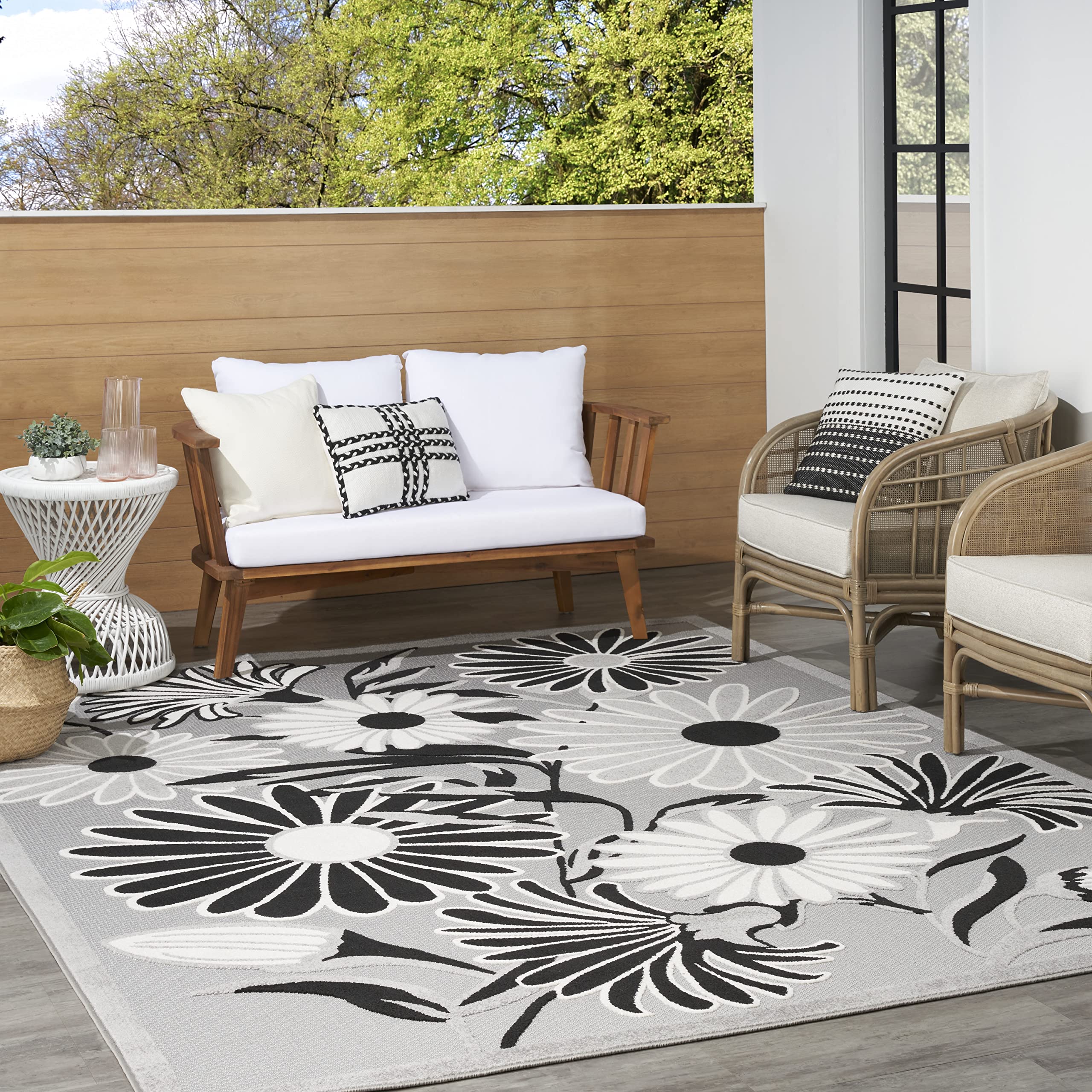 Nourison Aloha Indoor/Outdoor Black White 7'10' X 10'6' Area Rug, Easy Cleaning, Non Shedding, Bed Room, Living Room, Dining Room, Kitchen (8X11)