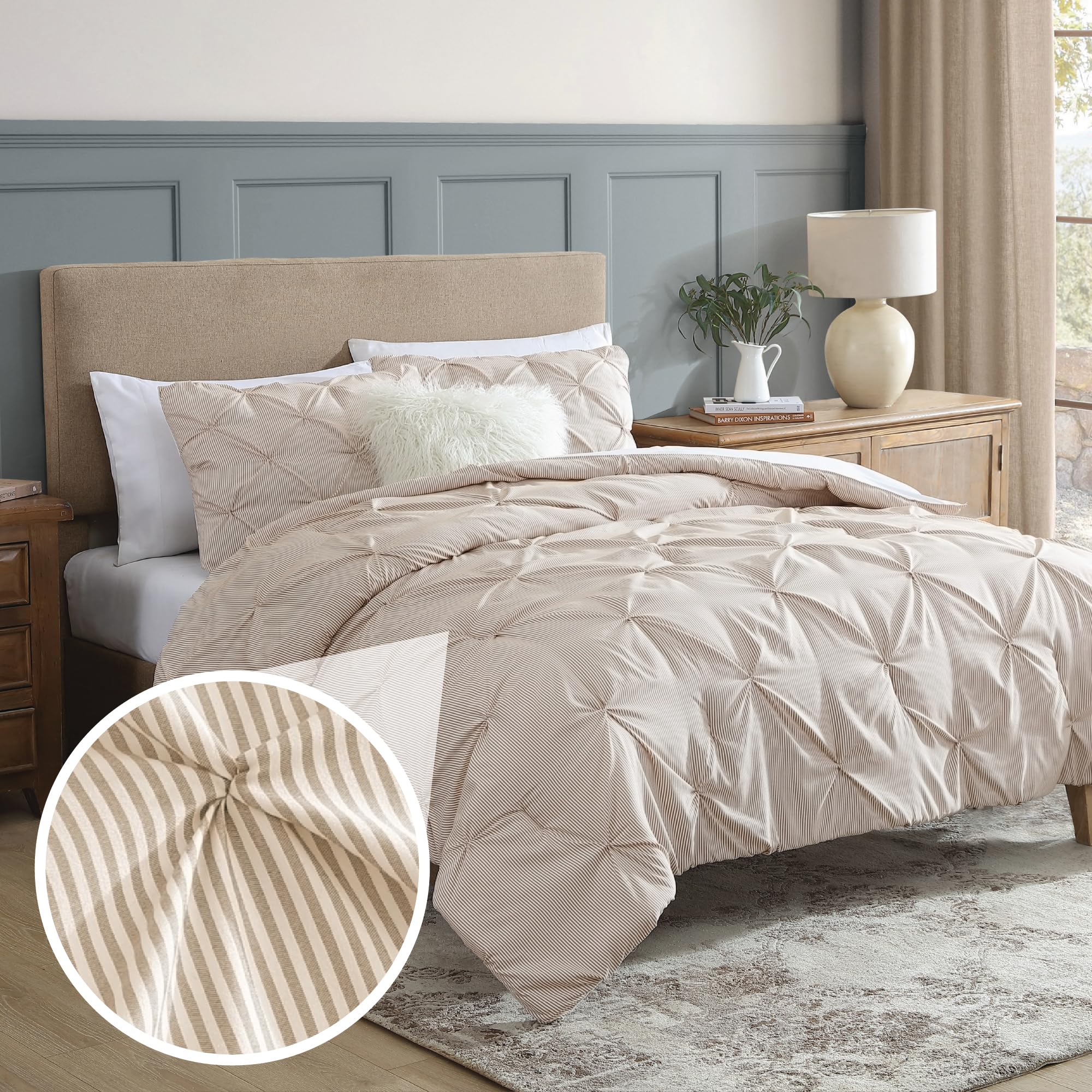 Swift Home Full/Queen Pinstripe Taupe Comforter Set - Classic Pintuck Bedding Set - 3 Pieces Bed Linen, 1 Comforter And 2 Pillow