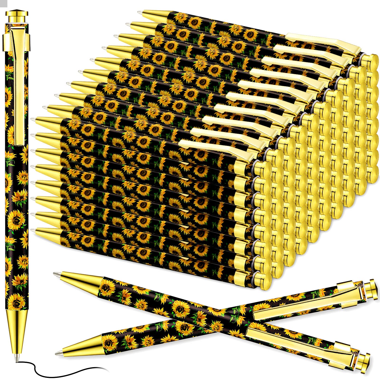 Yexiya 56 Pieces Sunflower Pens Ballpoint Pens Click Ball Pens Reusable Retractable Journaling Pens Sunflower Party Favors Black