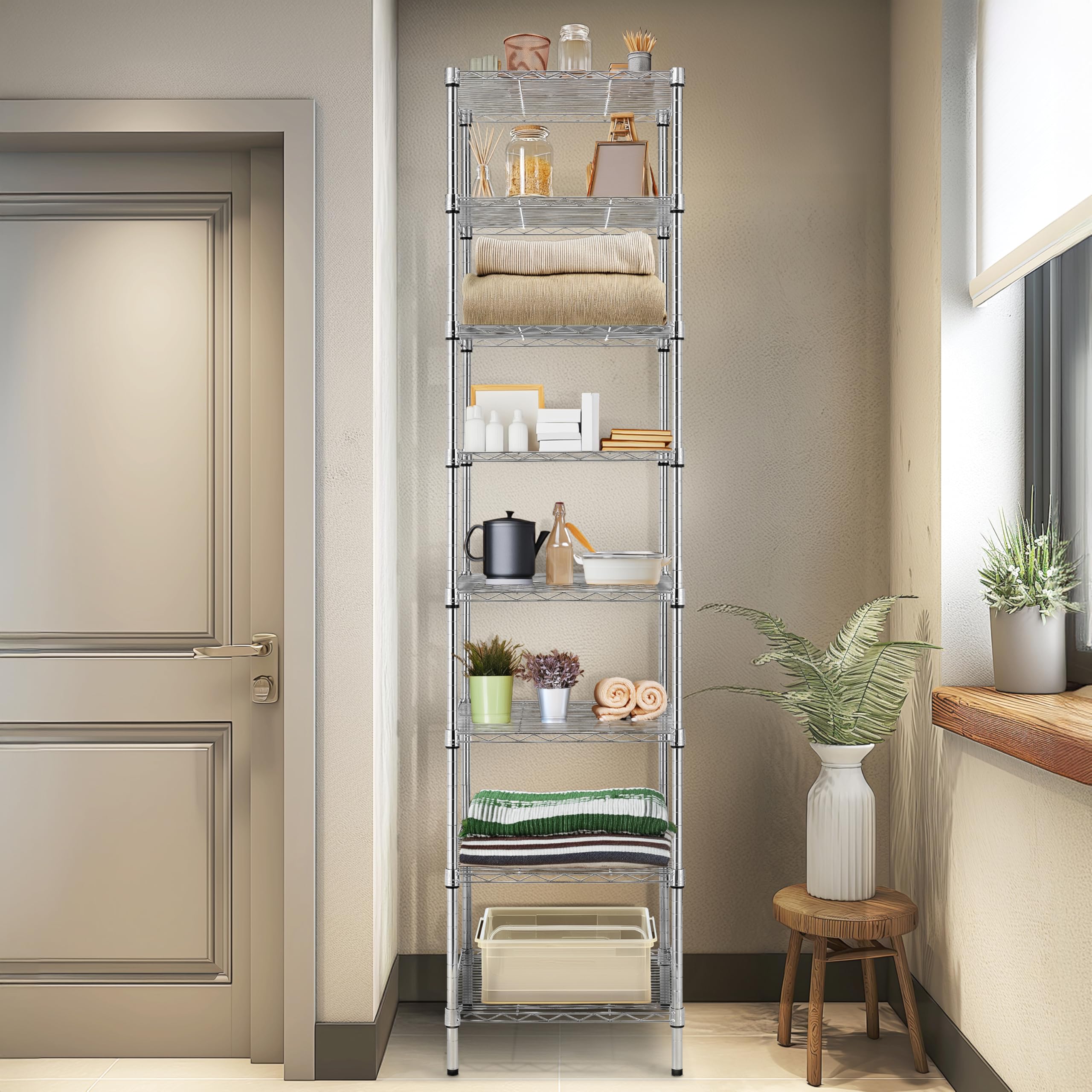 Finnhomy Heavy Duty 8 Tier Wire Shelving, 18X18X78.8 Inches 8 Shelves Storage Rack With Thicken Steel Tube, Pantry Shelves For Storage, Adjustable Metal Shelving Unit, Nsf Certified, Chrome