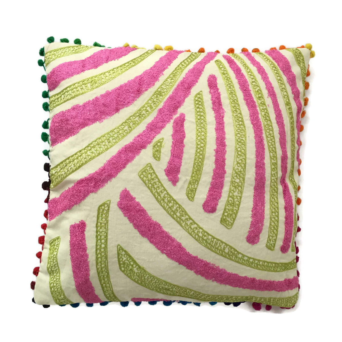 Dk Homewares Cotton Decorative Suzani Embroidered Couch Cushion Covers 16X16 Striped Green Pink Home Decor Pom Pom Pillow Cases