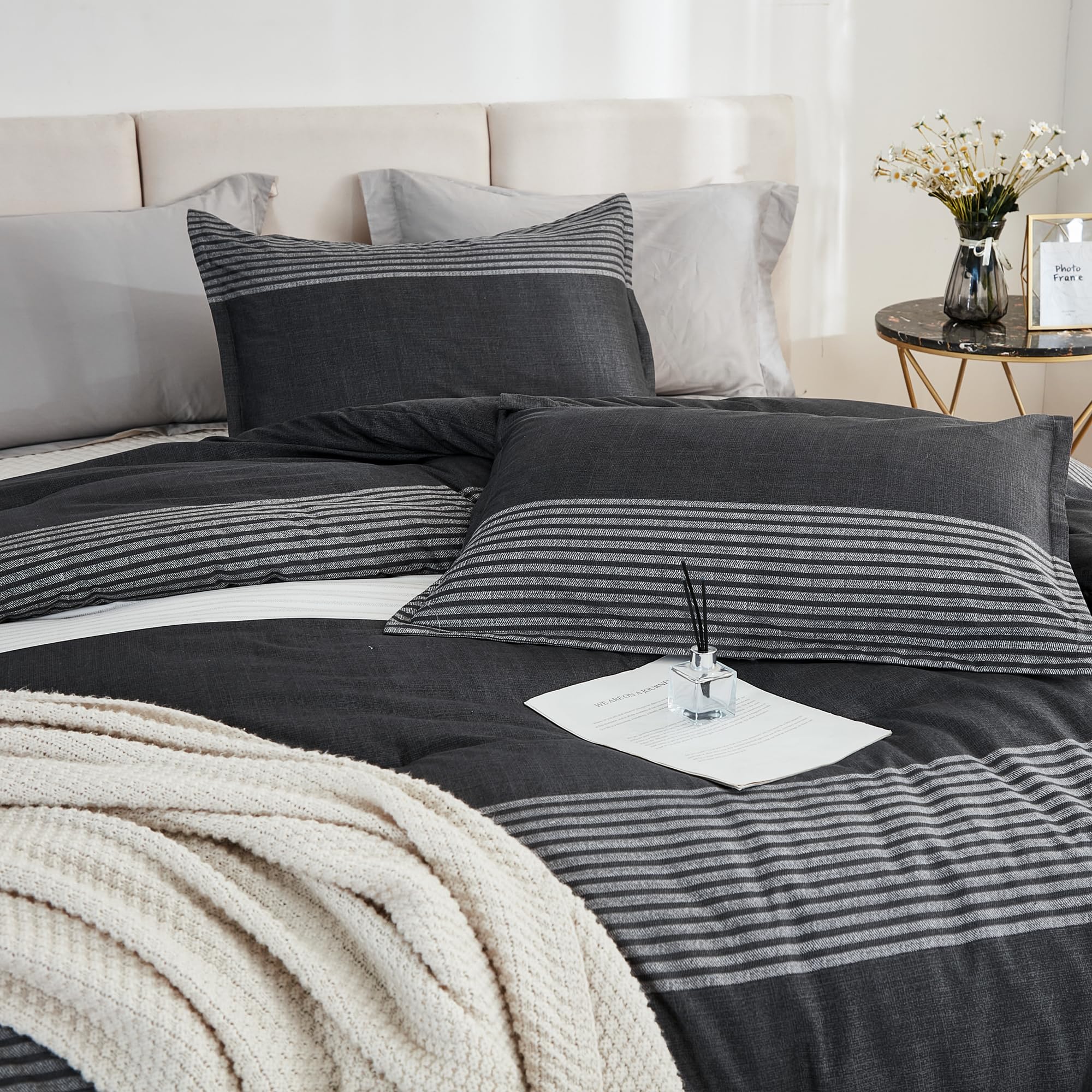 Litanika Queen Comforter Set Black White Grey - 3 Pieces Lightweight Summer Bedding Set, All Season Down Alternative Comforter (