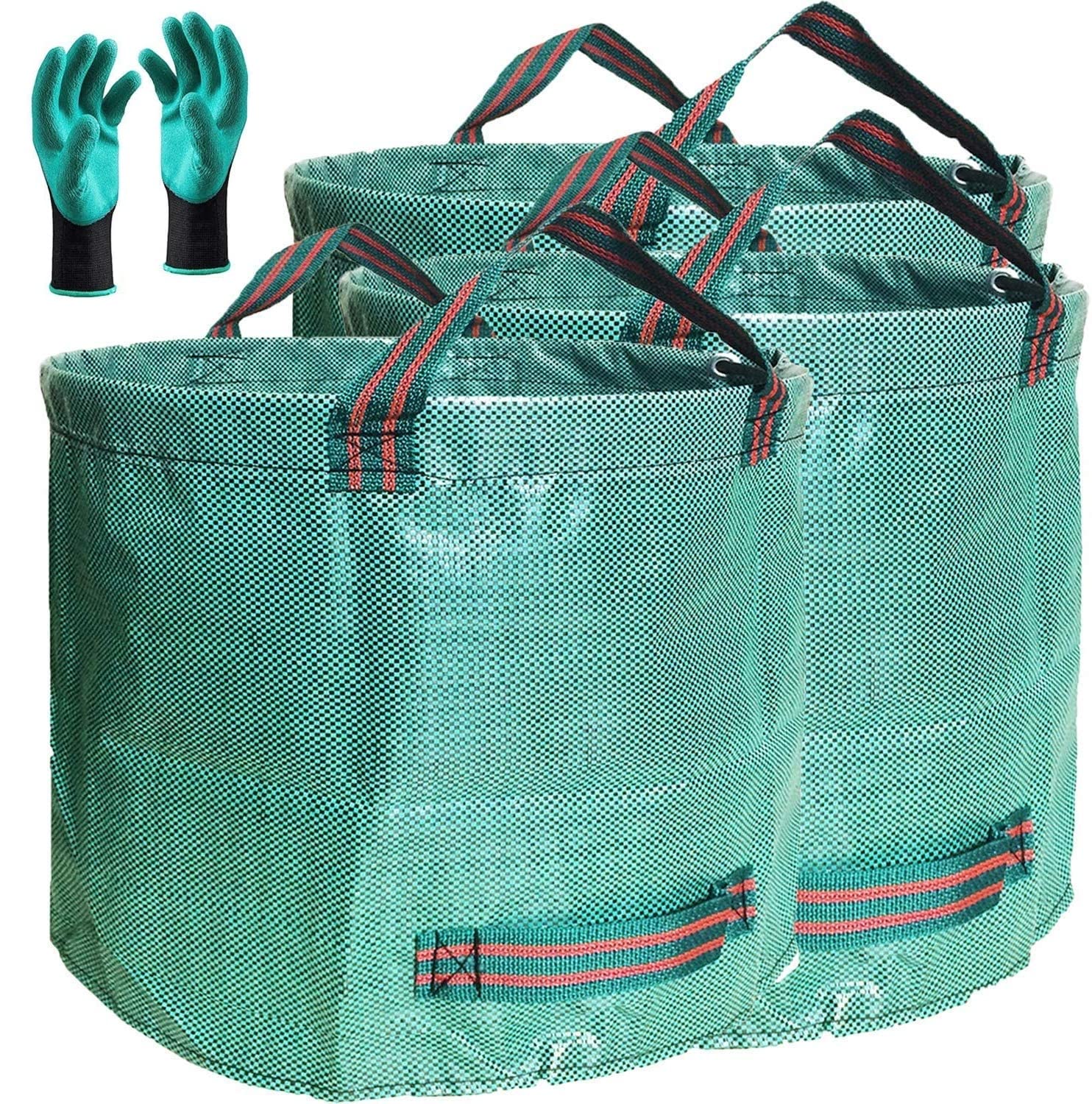 Professional 3-Pack 106 Gallons Lawn Garden Bags (D31, H31 Inches) Reusable Yard Leaf Waste Bags With Coated Gardening Gloves -