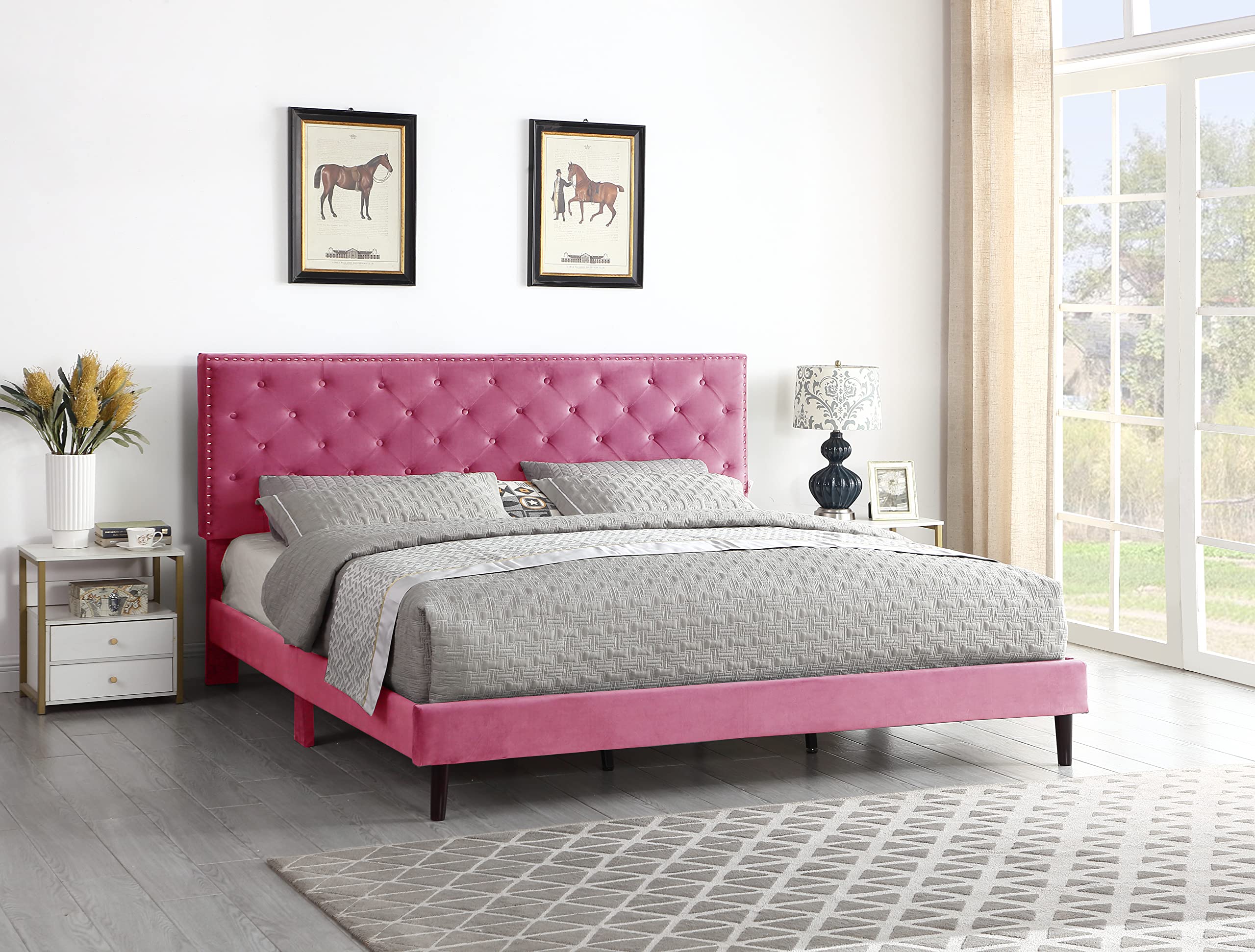 King Upholstered Platform Bed Frame With 48' Tall Adjustable Headboard - Button Tufted Suede Velour Bed- Wood Slat Support With Storage Space - No Box Spring Needed - Pink - Oliver & Smith - Princeton