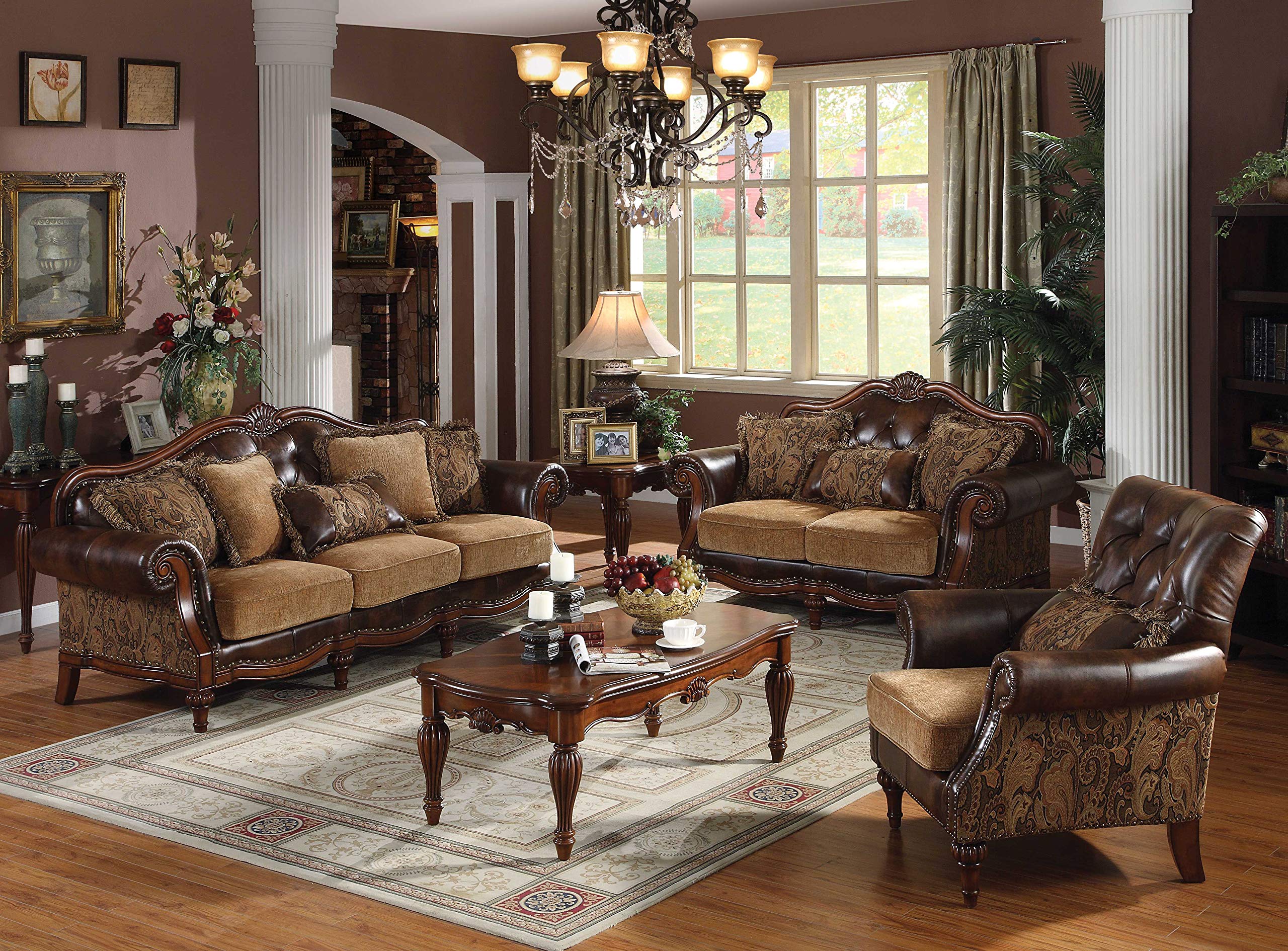 HomeRoots 2-Tone Brown Pu & Chenille Upholstery, Wood 37' X 70' X 42' PU Chenille Upholstery Wood Loveseat w/3 Pillows
