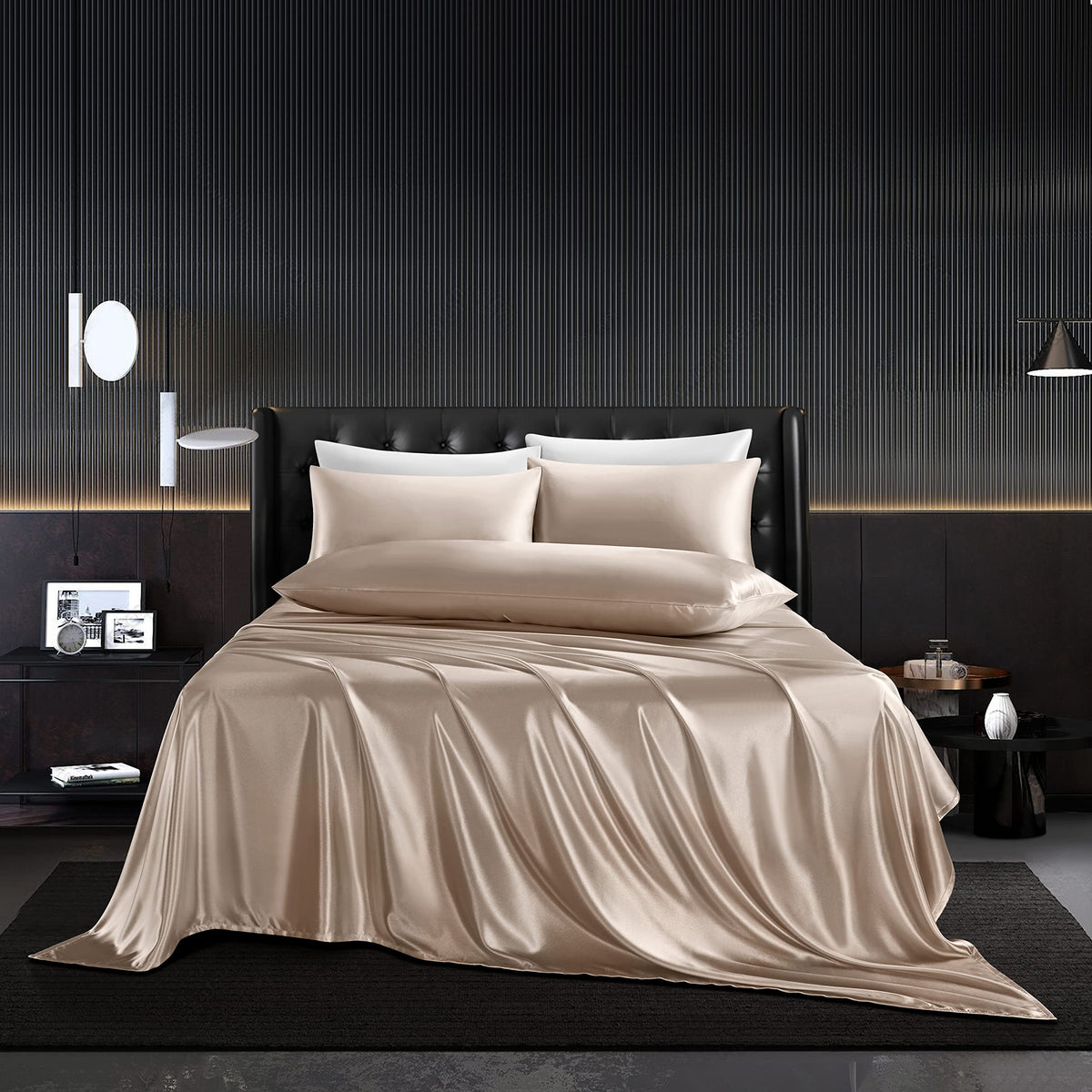 Hommxjf 5Pcs Satin Sheets Set King Size Sheets Taupe Sheets Silky Breathable Luxury Bedding Sheets With 1 Satin Flat Sheet,1Deep