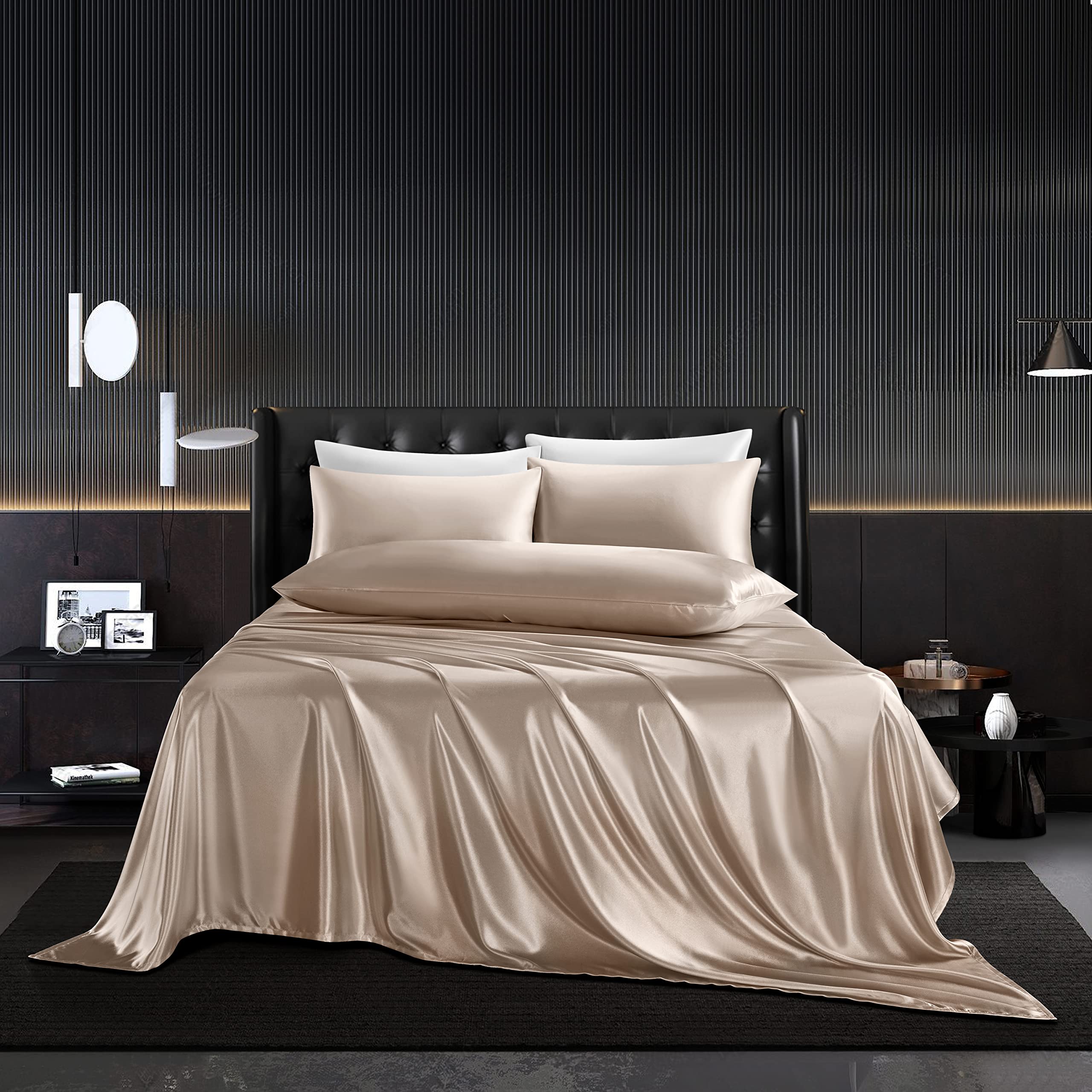 Hommxjf 5Pcs Satin Sheets Set King Size Sheets Taupe Sheets Silky Breathable Luxury Bedding Sheets With 1 Satin Flat Sheet,1Deep