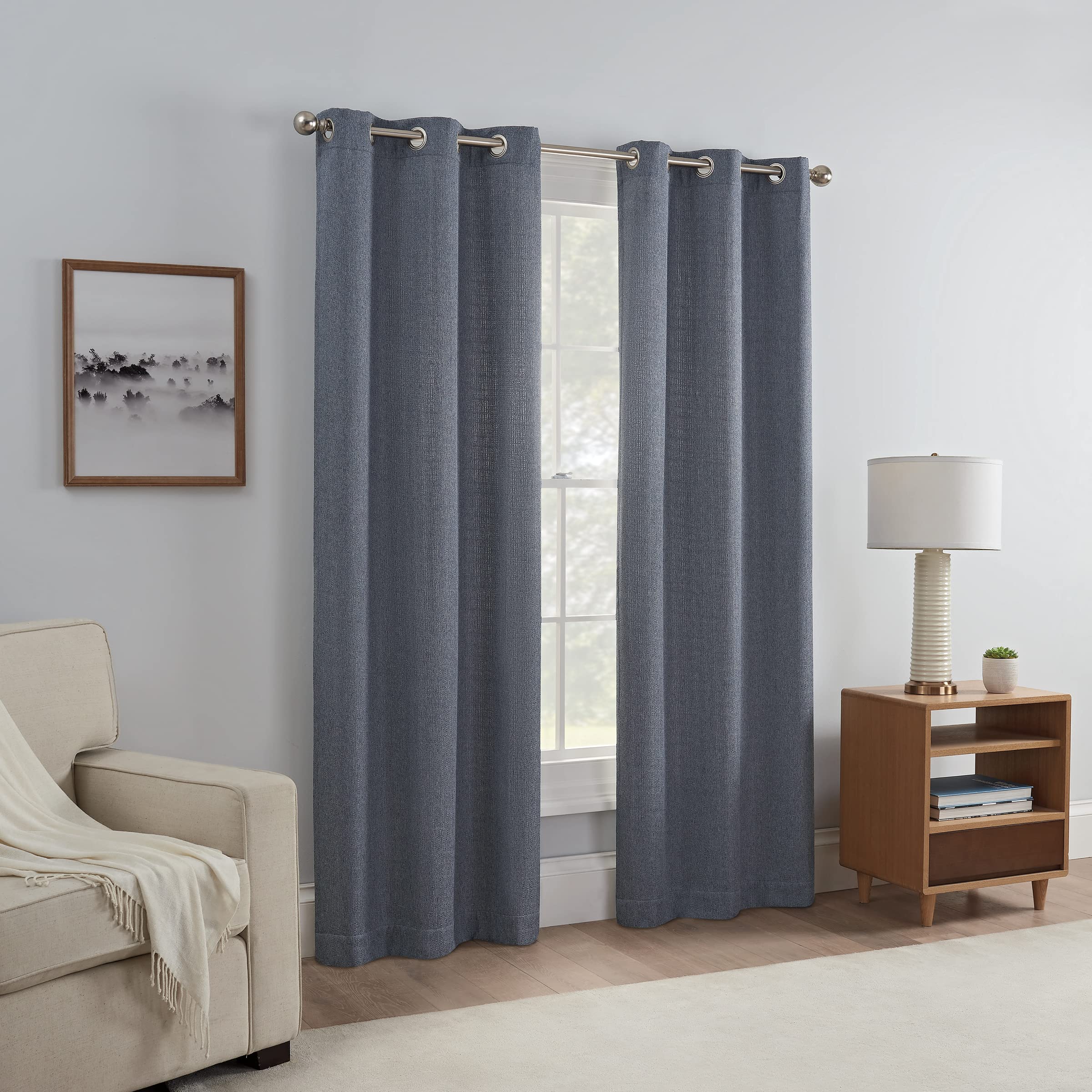Eclipse Carter Draftstopper Light Filtering Grommet Lined Window Curtains for Living Room (2 Panels), 37 in x 84 in, Denim