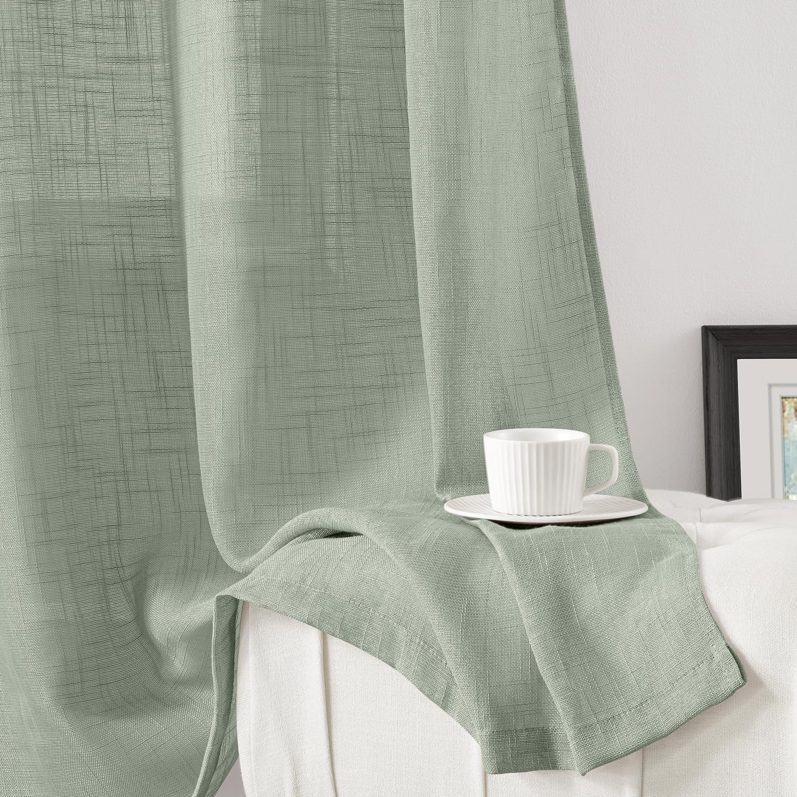Homeideas Sage Green Linen Sheer Curtains 63 Inches Long 2 Panels Textured Semi Sheer Curtains Farmhouse Curtains Sheer Privacy