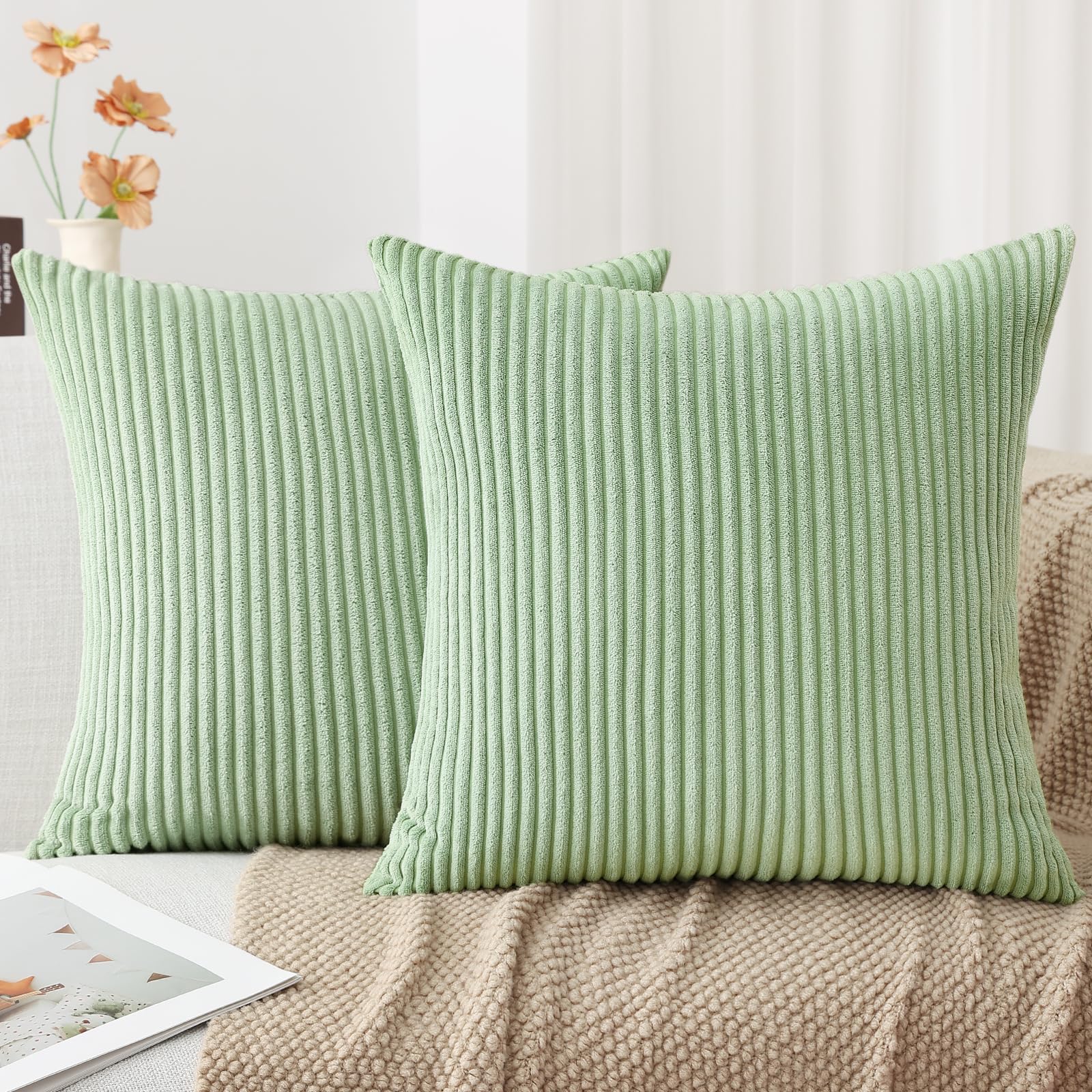 Mecatny Corduroy Throw Pillow Covers 20X20 Set Of 2 - Striped Decorative Pillow Covers For Living Room, Bed - Soft Square Couch