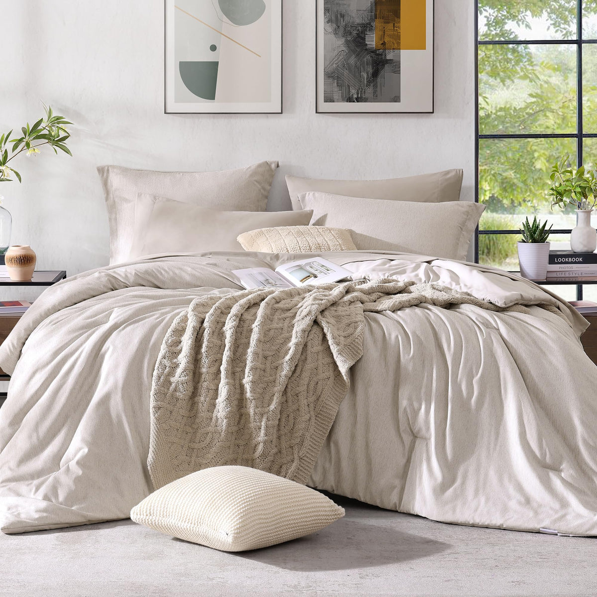 Monbix Full Size Comforter Set, Oatmeal Bedding Comforter For Full Size Bed Set Reversible, Bedding Sets Full 7 Pieces, Cationic