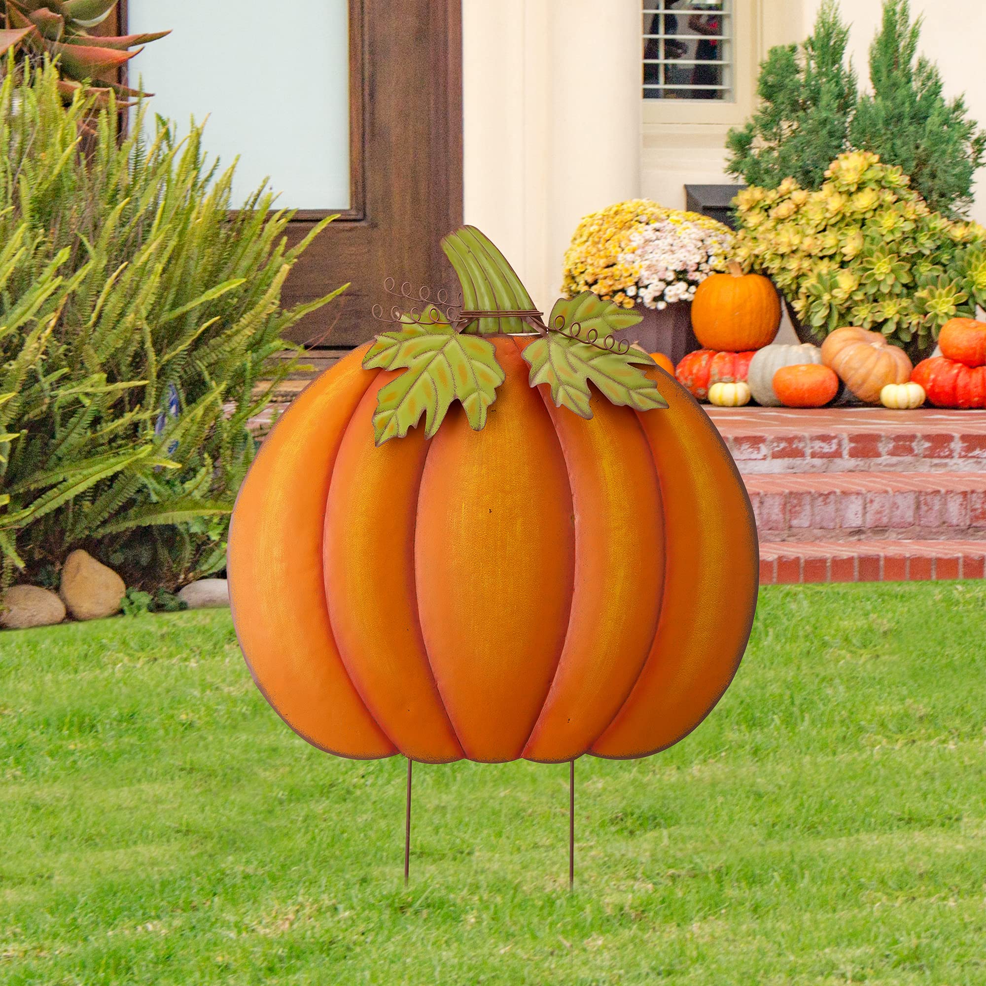 Glitzhome 37.5'H Fall Decorative Yard Signs With Stakes, Oversized Metal Pumpkin Garden Yard Stake For Home Lawn Yard Pathway F