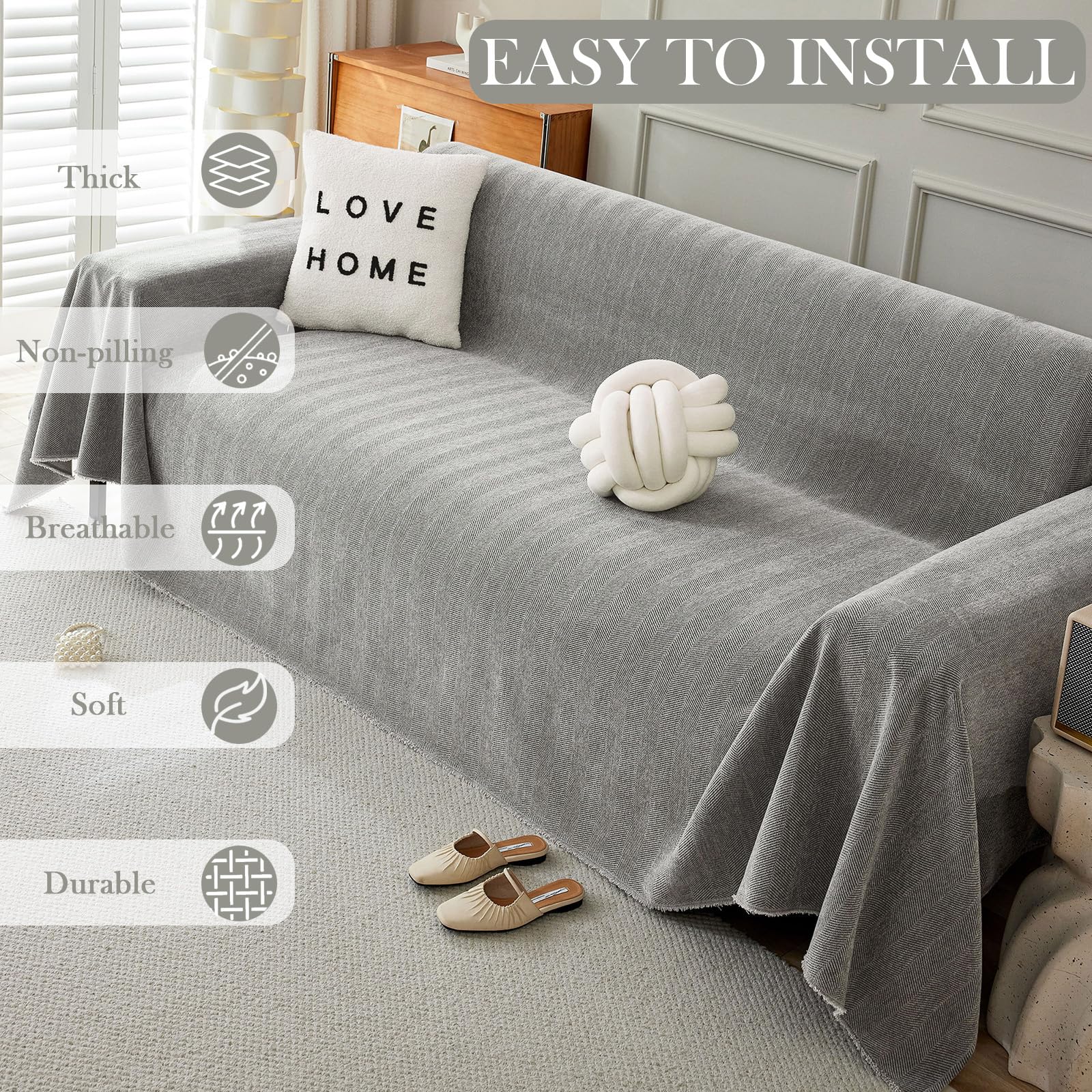 Handontime Couch Slipcovers For Sofas Dark Grey Couch Cover Sofa Cover For Dogs Boho Pet Couch Protector With Tassel Couch Throw Cover Chenille Herringbone Couch Cover Sofa 3 Seat Cover, 91' X150'