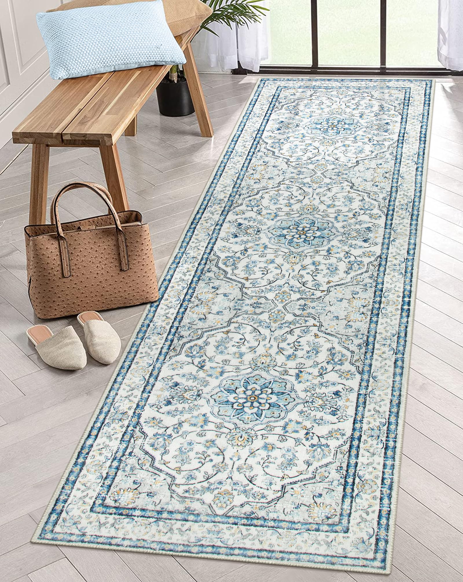 Lahome Oriental Washable Runner Rugs,2.5x8 Long Blue Bathroom Carpet Runner Non-Slip,Boho Kitchen Runner Rugs Non Skid Washable,