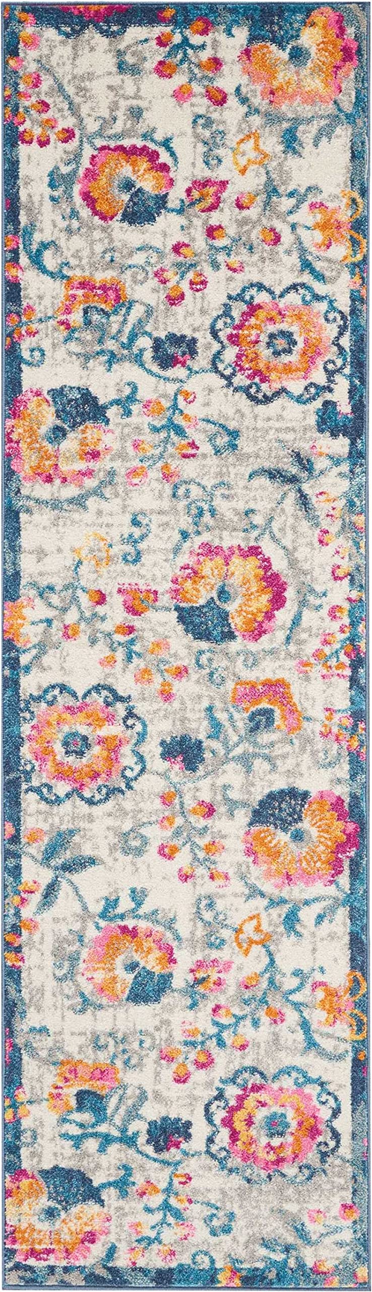 HomeRoots 100% Polypropylene 2’ x 8’ Ivory and Blue Floral Vines Runner Rug
