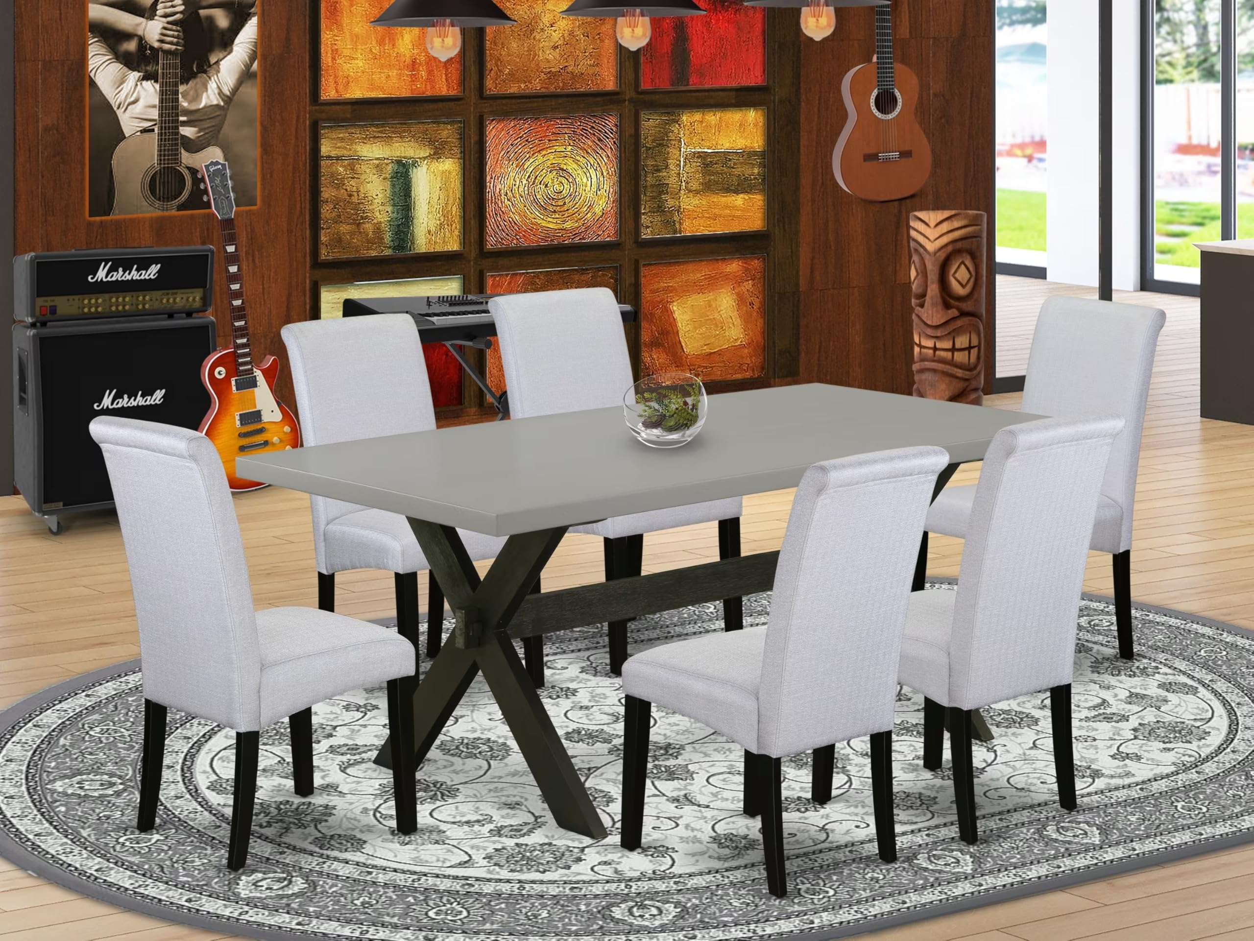 East West Furniture X697Ba105-7 7 Piece Dinette Set Consist Of A Rectangle Dining Room Table With X-Legs And 6 Grey Linen Fabric Upholstered Parson Chairs, 40X72 Inch, Multi-Color